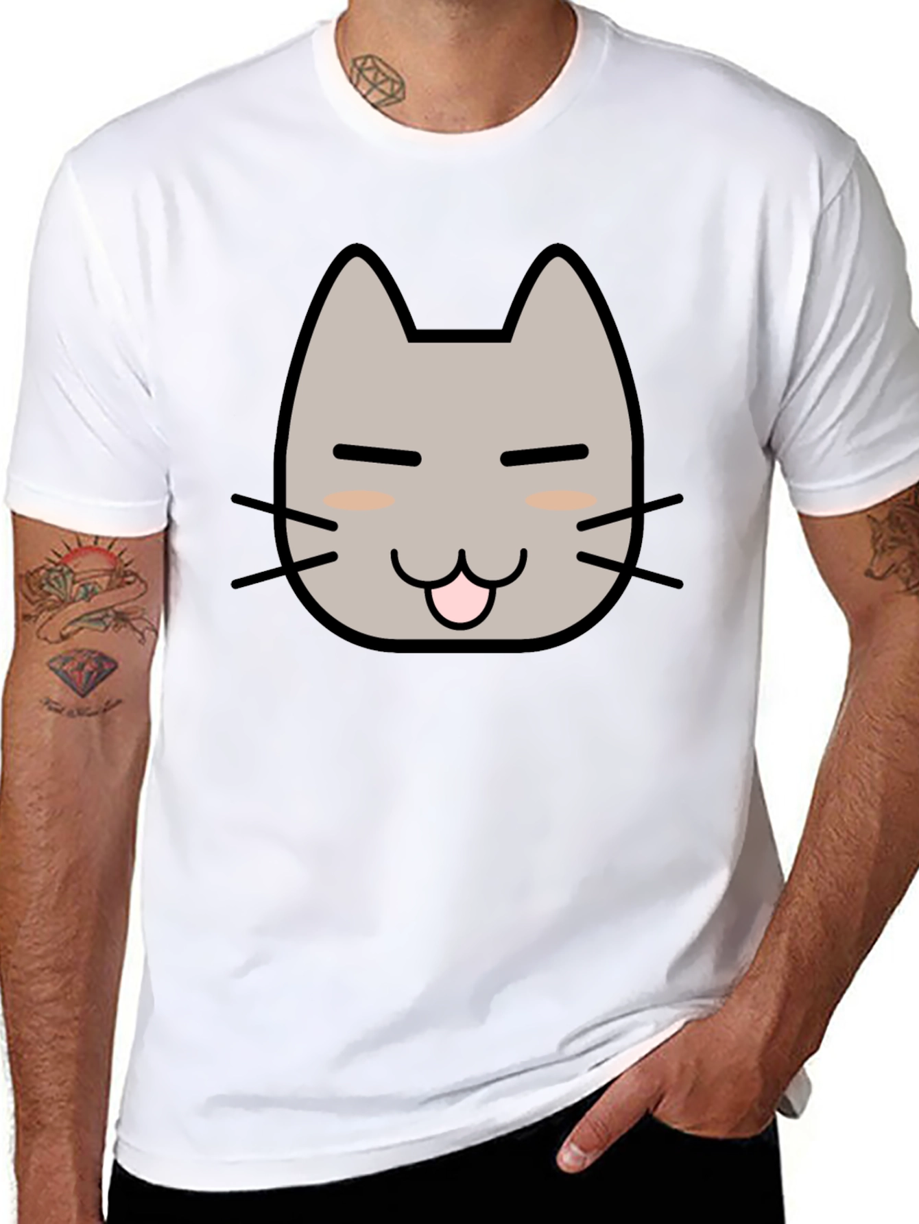 Cute Cartoon Cat Graphic Tee - Black