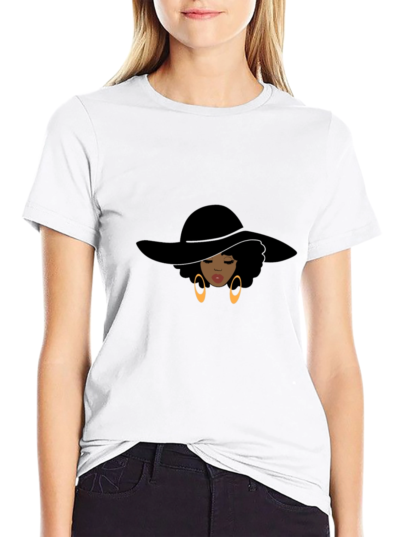 Stylish Afro Woman Graphic Tee - Black Cotton Shirt