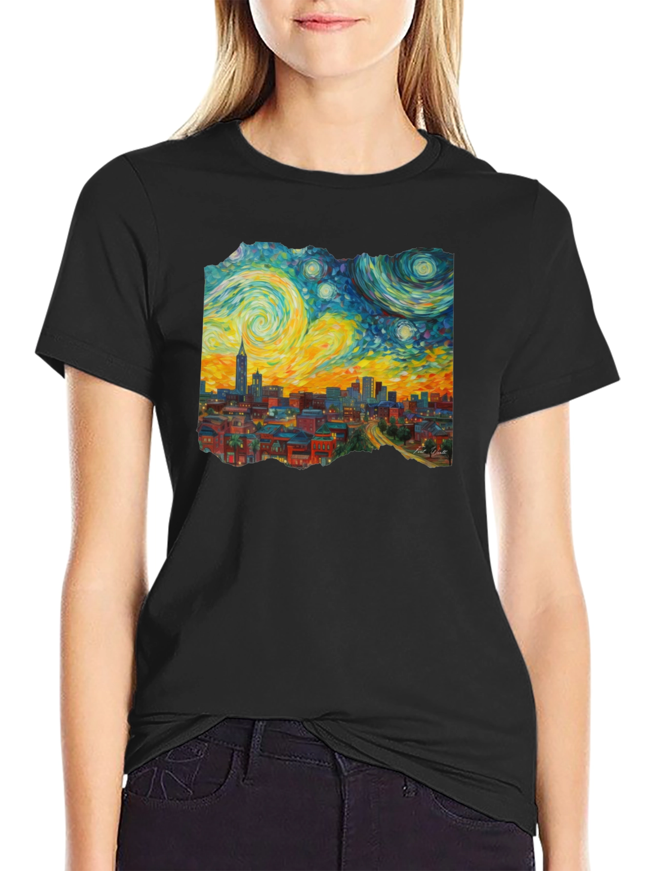 Starry Night Cityscape Graphic Tee