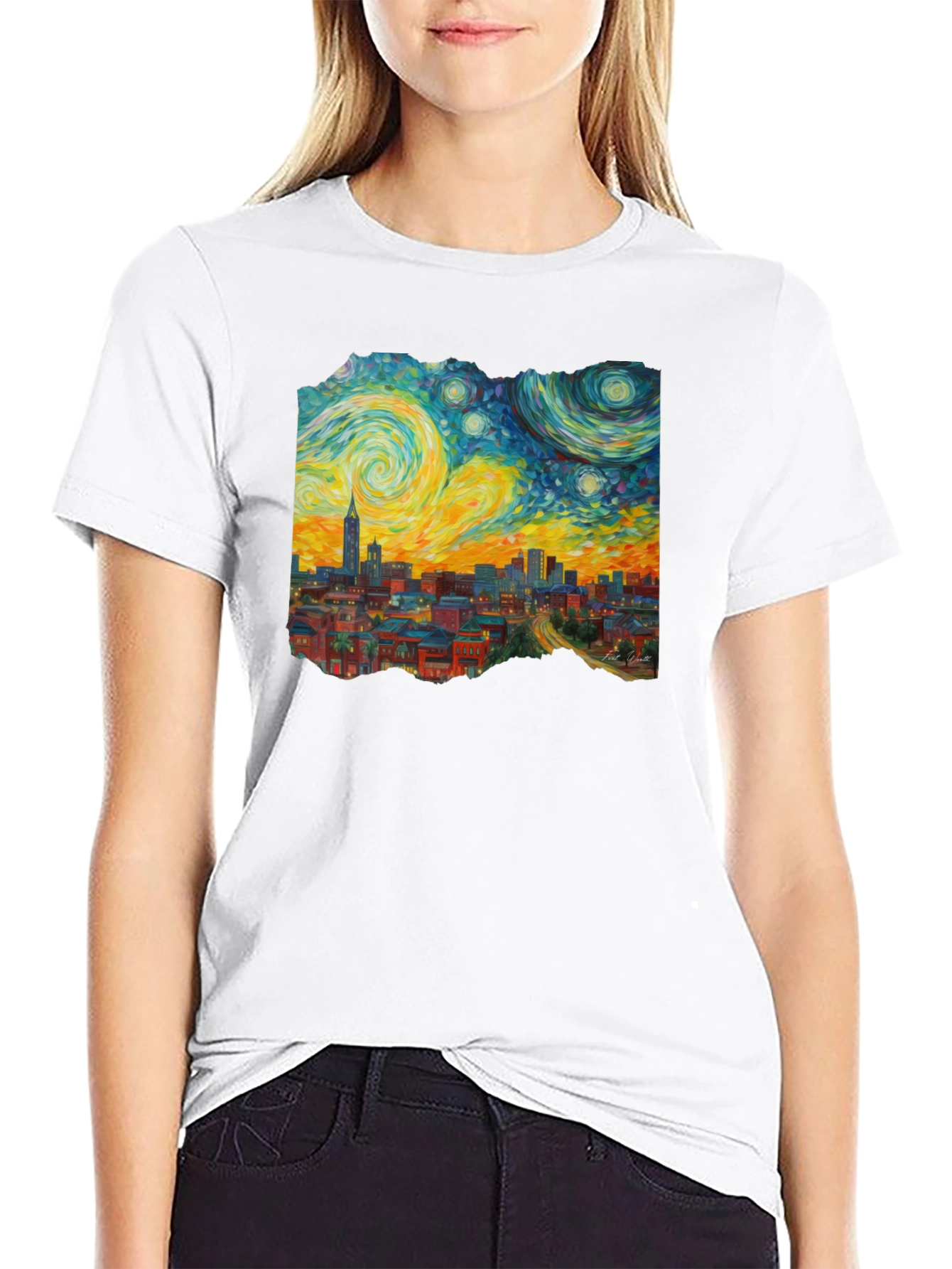 Starry Night Cityscape Graphic Tee
