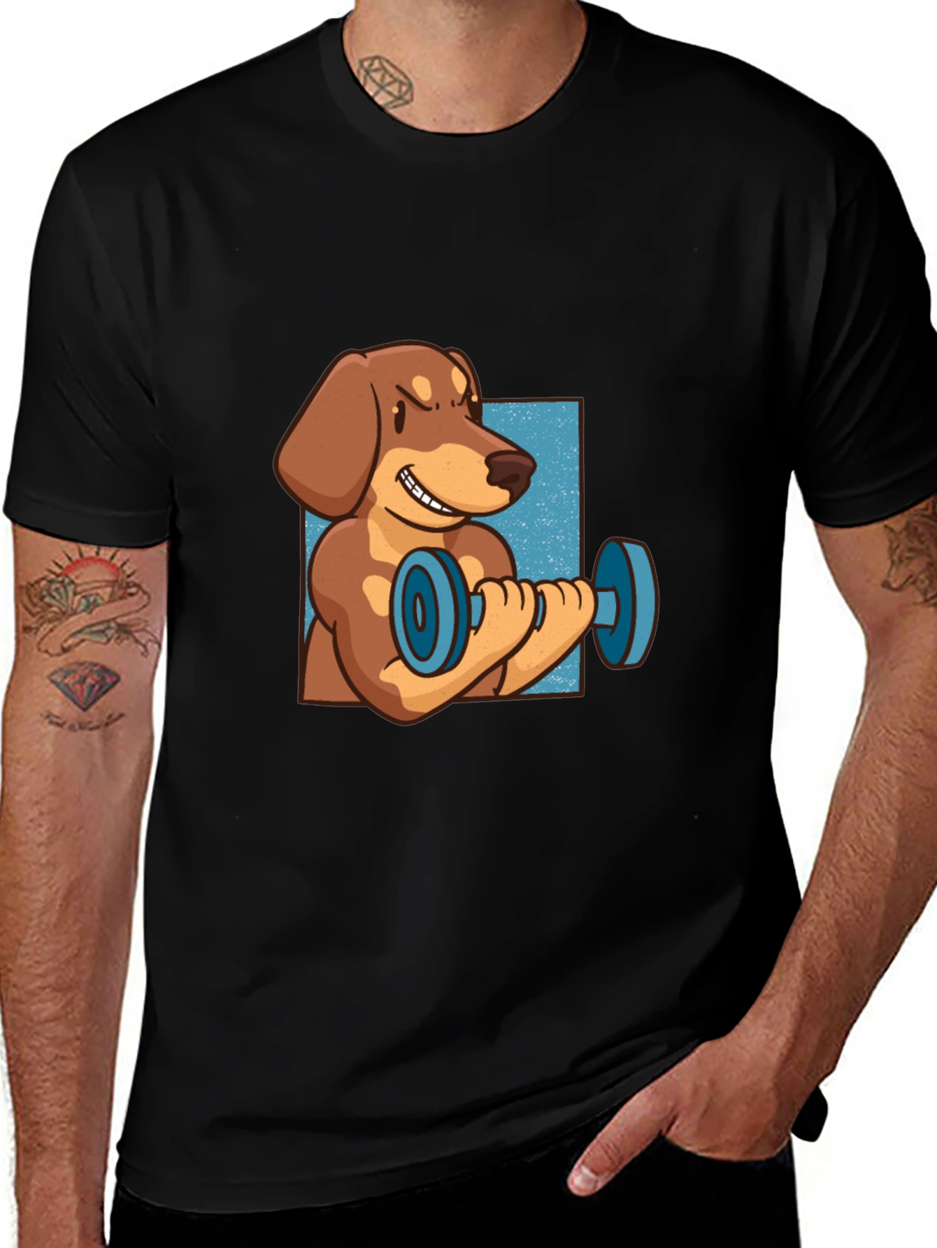Funny Dachshund Lifting Dumbbell T-Shirt