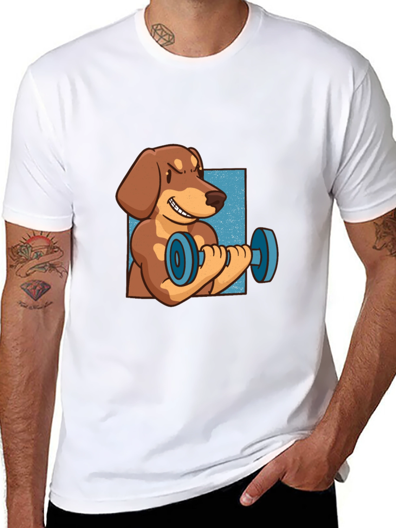 Funny Dachshund Lifting Dumbbell T-Shirt