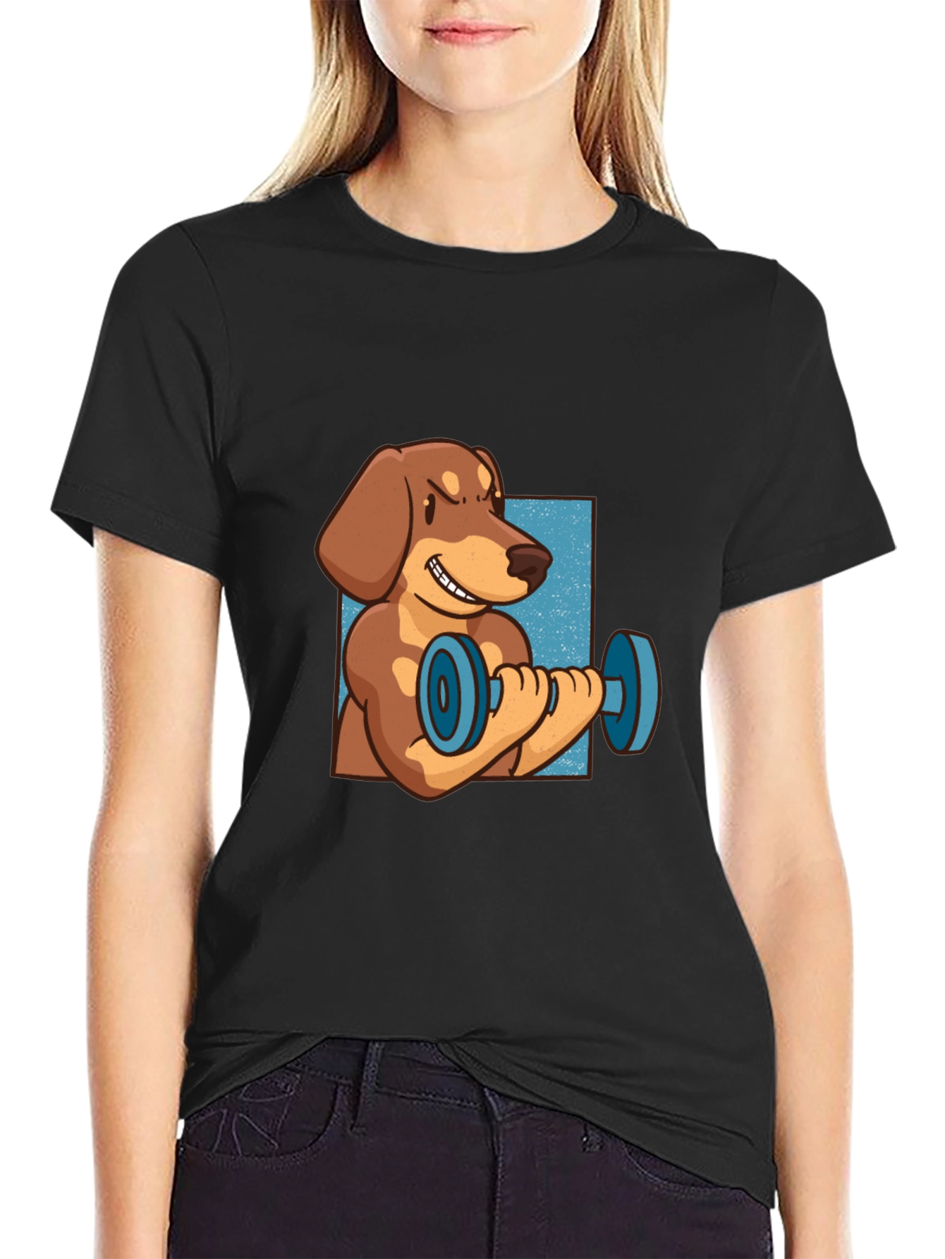 Funny Dachshund Lifting Dumbbell T-Shirt