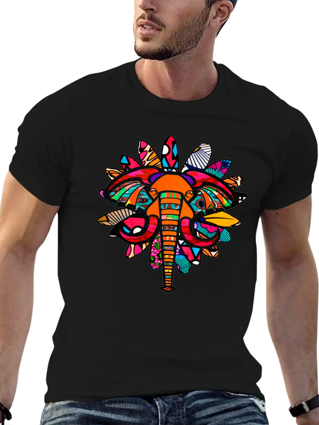 Abstract Elephant Print Black Graphic Tee