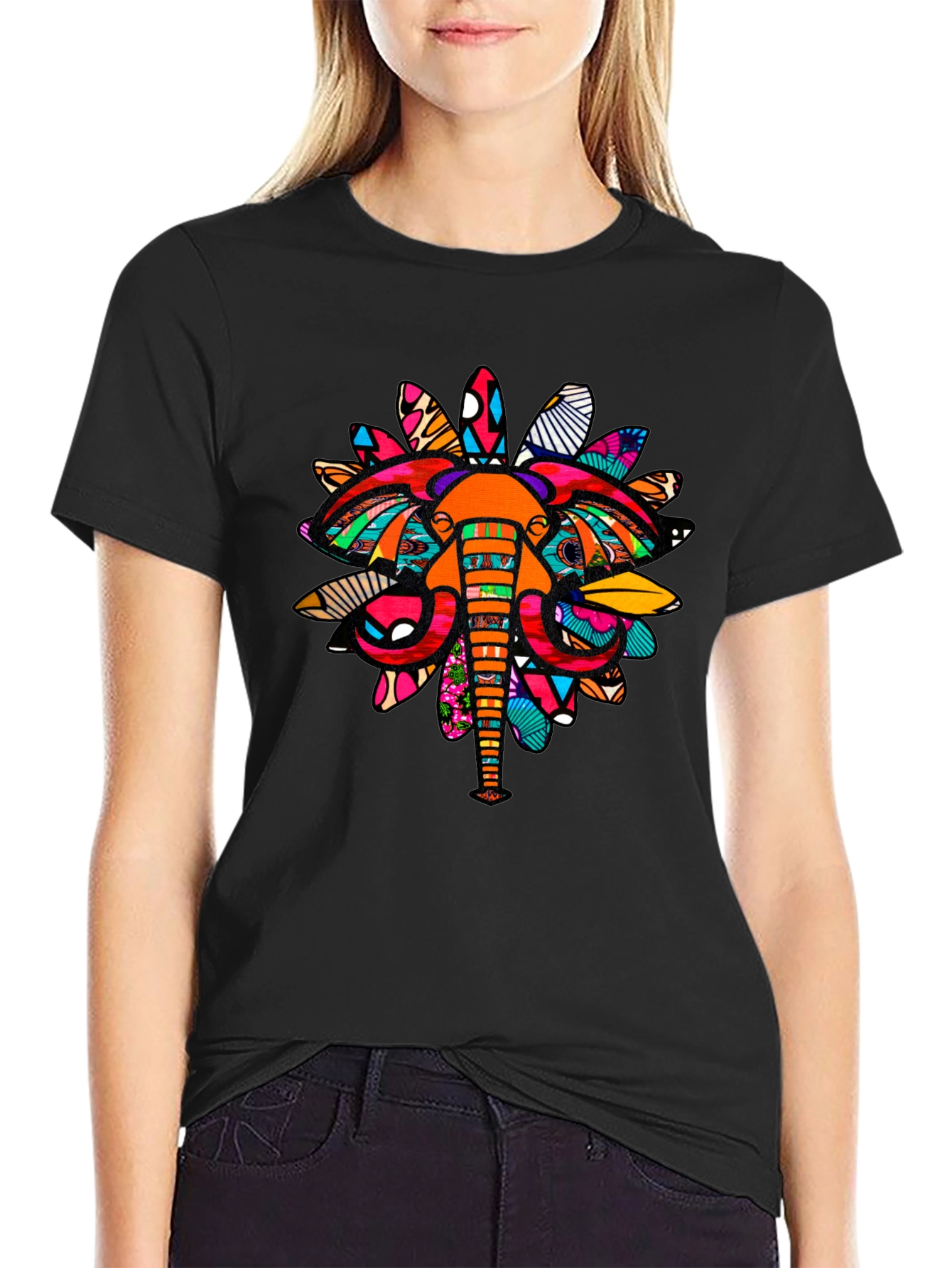 Abstract Elephant Print Black Graphic Tee