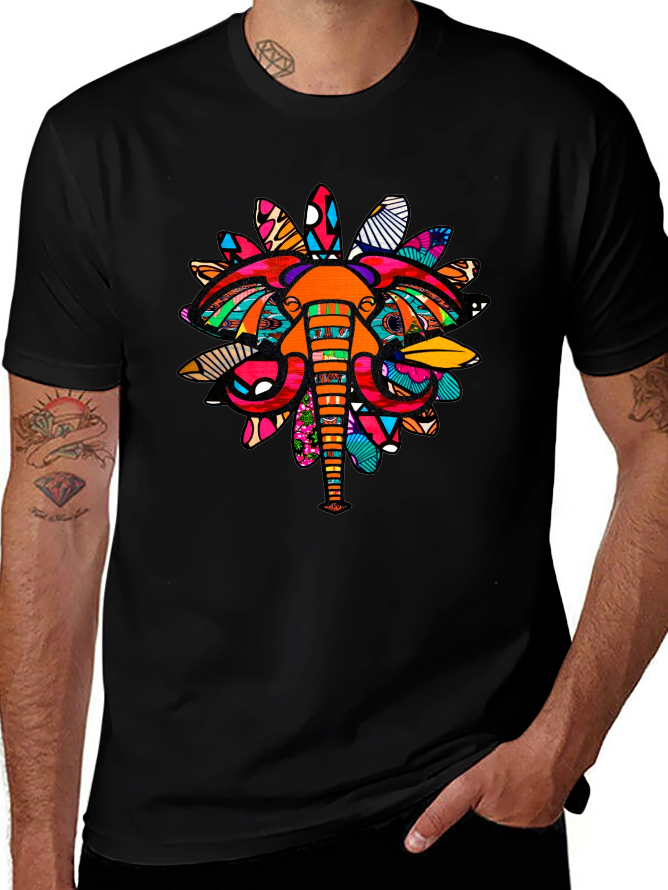 Abstract Elephant Print Black Graphic Tee