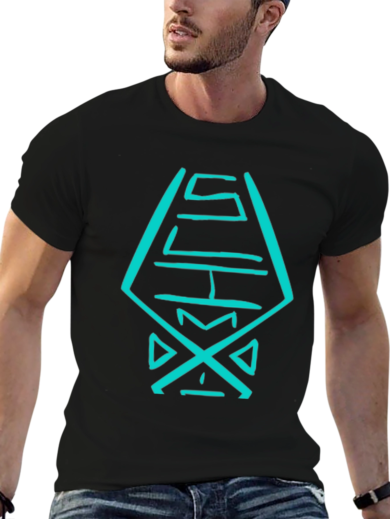 Black T-Shirt with Abstract Turquoise Design