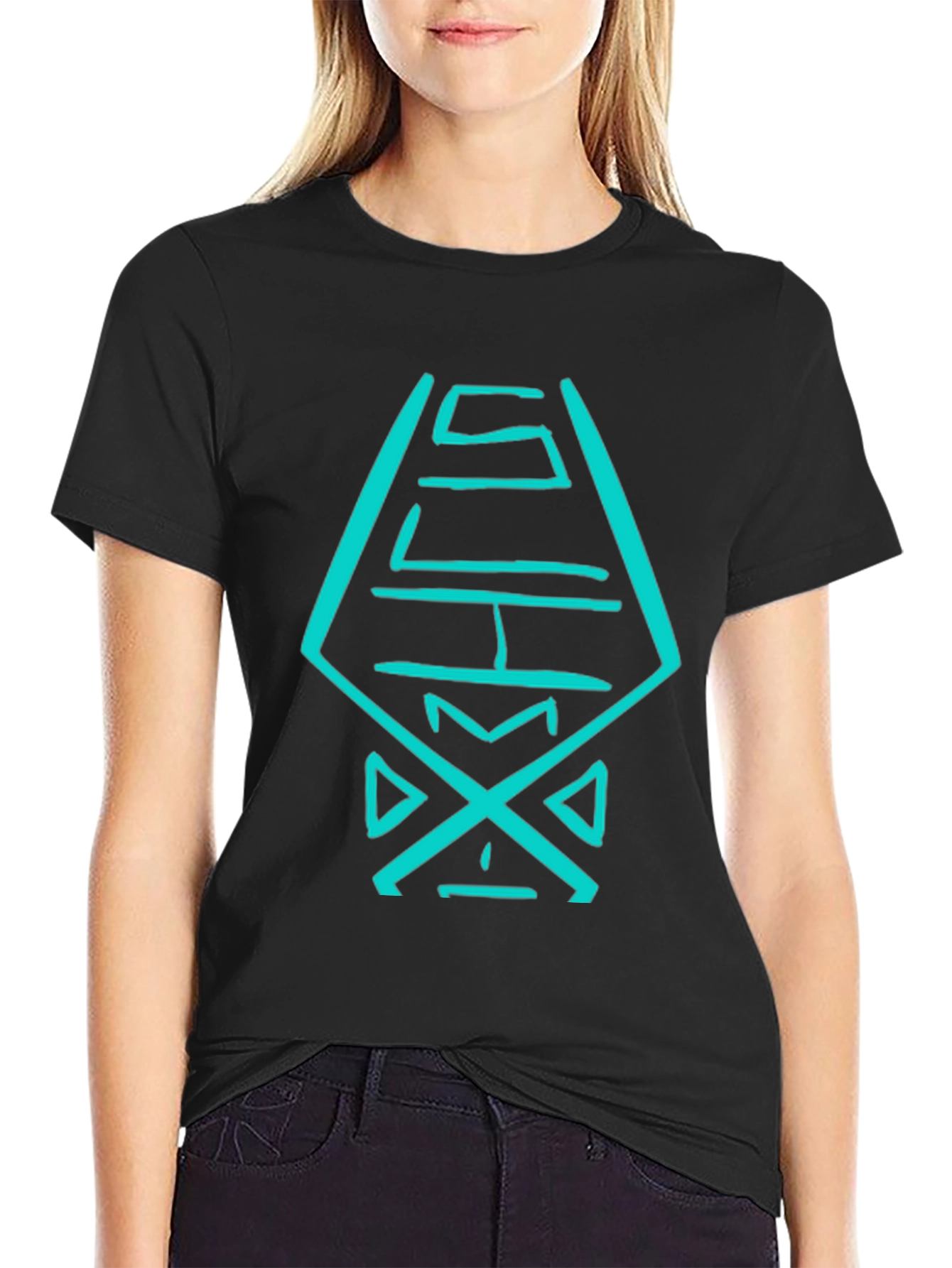 Black T-Shirt with Abstract Turquoise Design