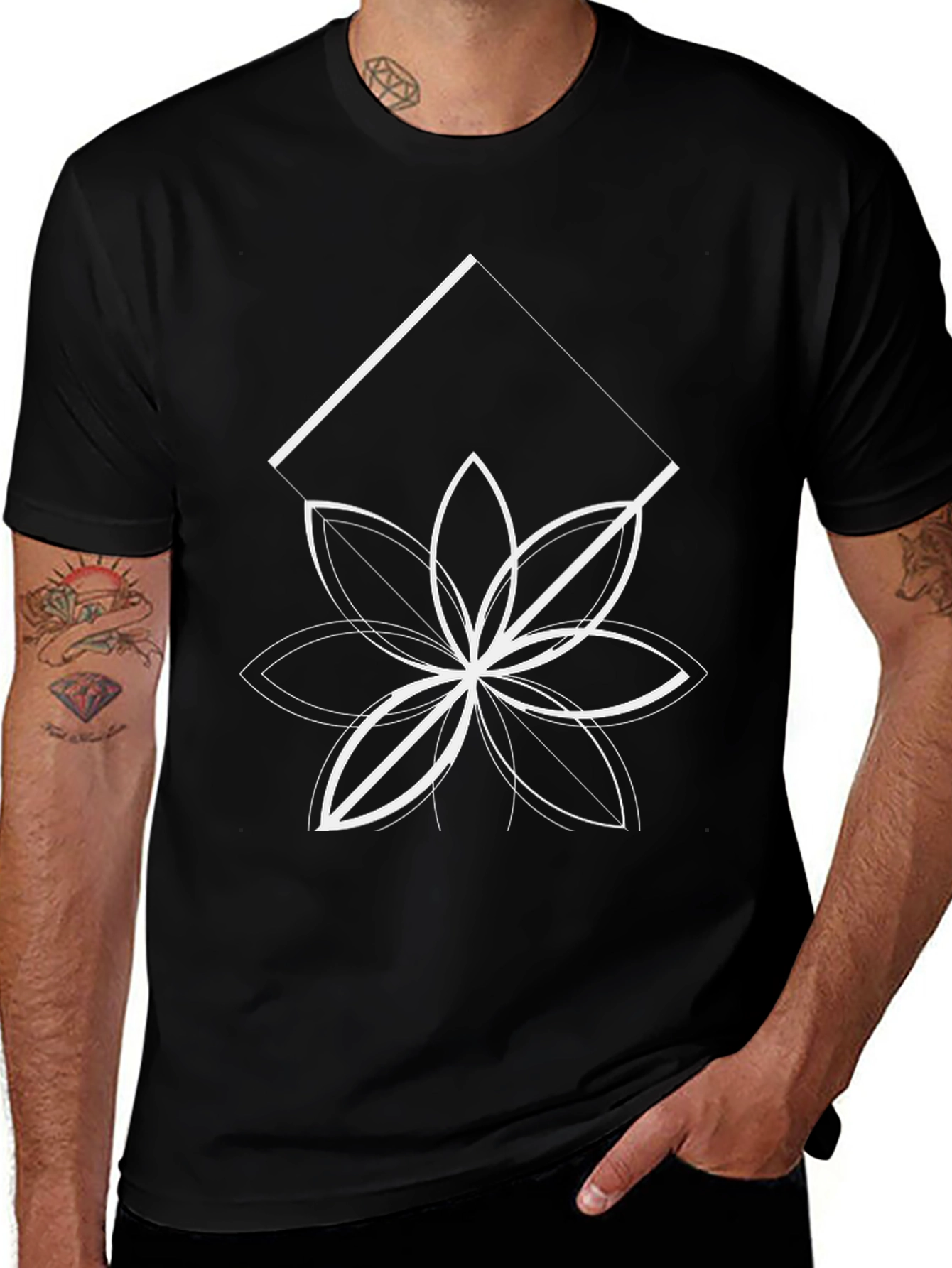 Geometric Flower Graphic Tee - Black