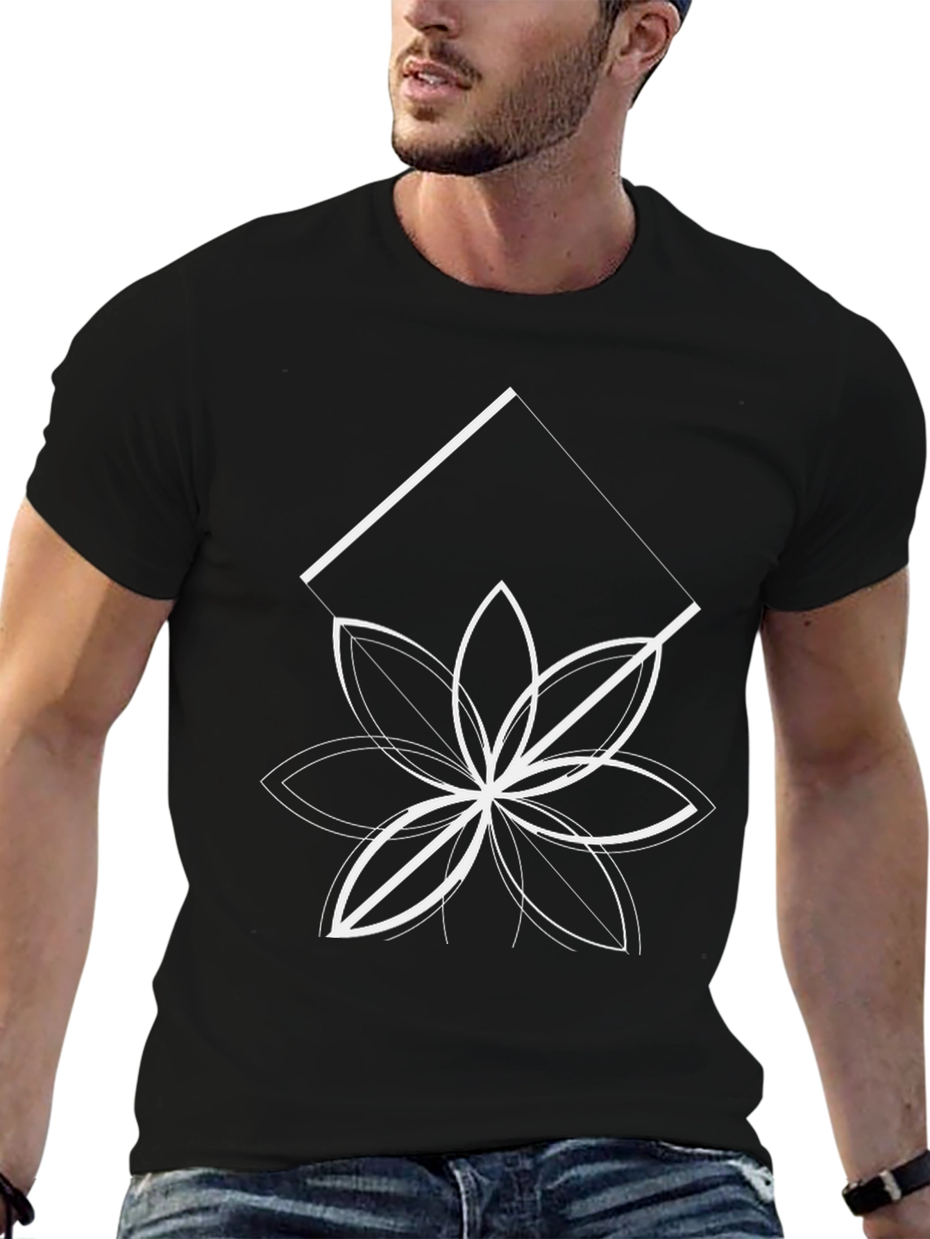 Geometric Flower Graphic Tee - Black