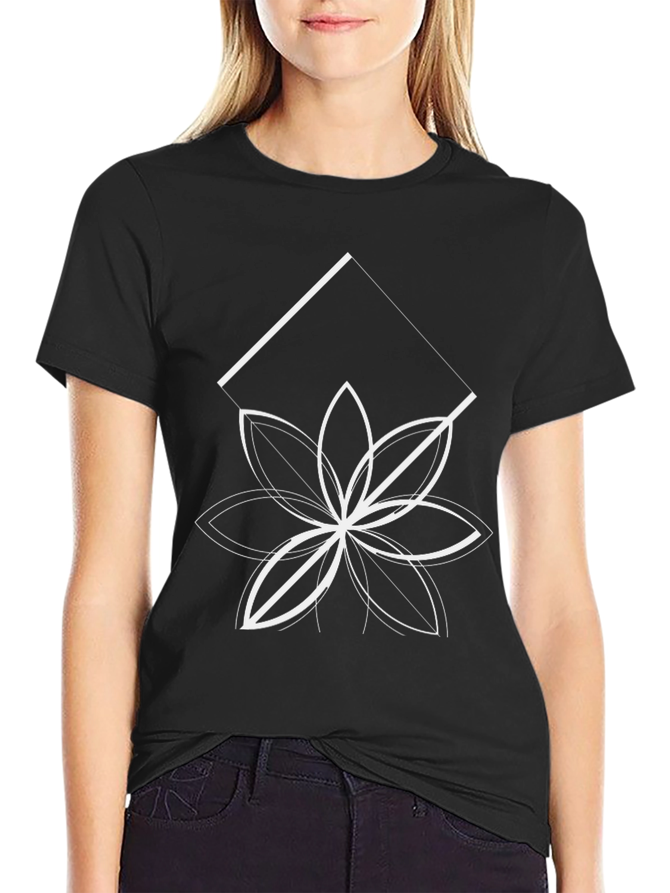 Geometric Flower Graphic Tee - Black