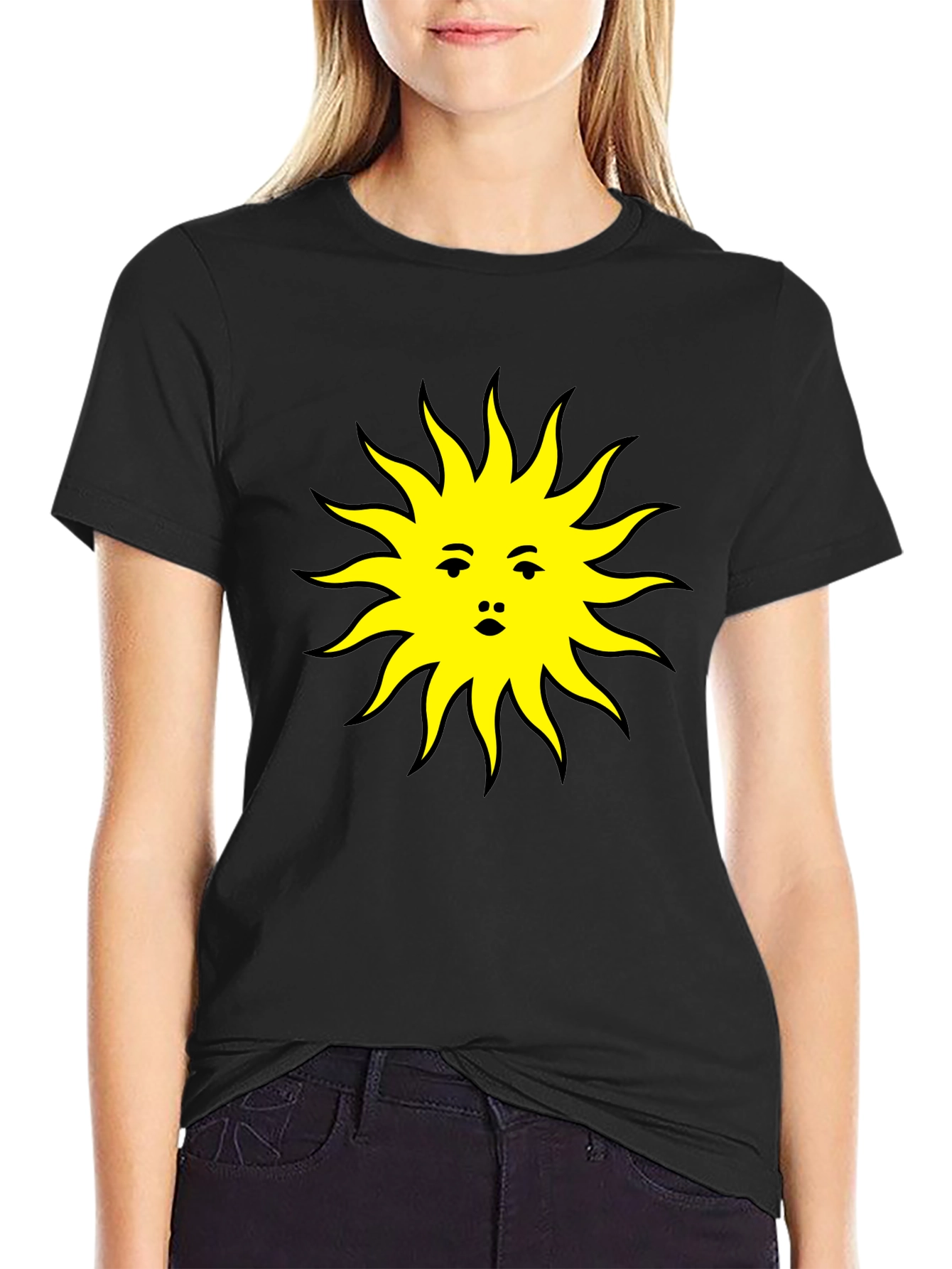 Sun Face Graphic Tee - Black Cotton T-Shirt