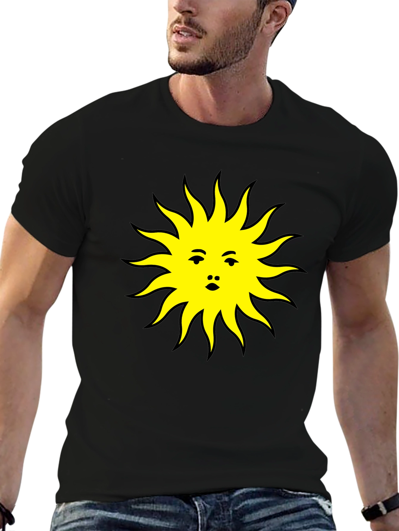Sun Face Graphic Tee - Black Cotton T-Shirt