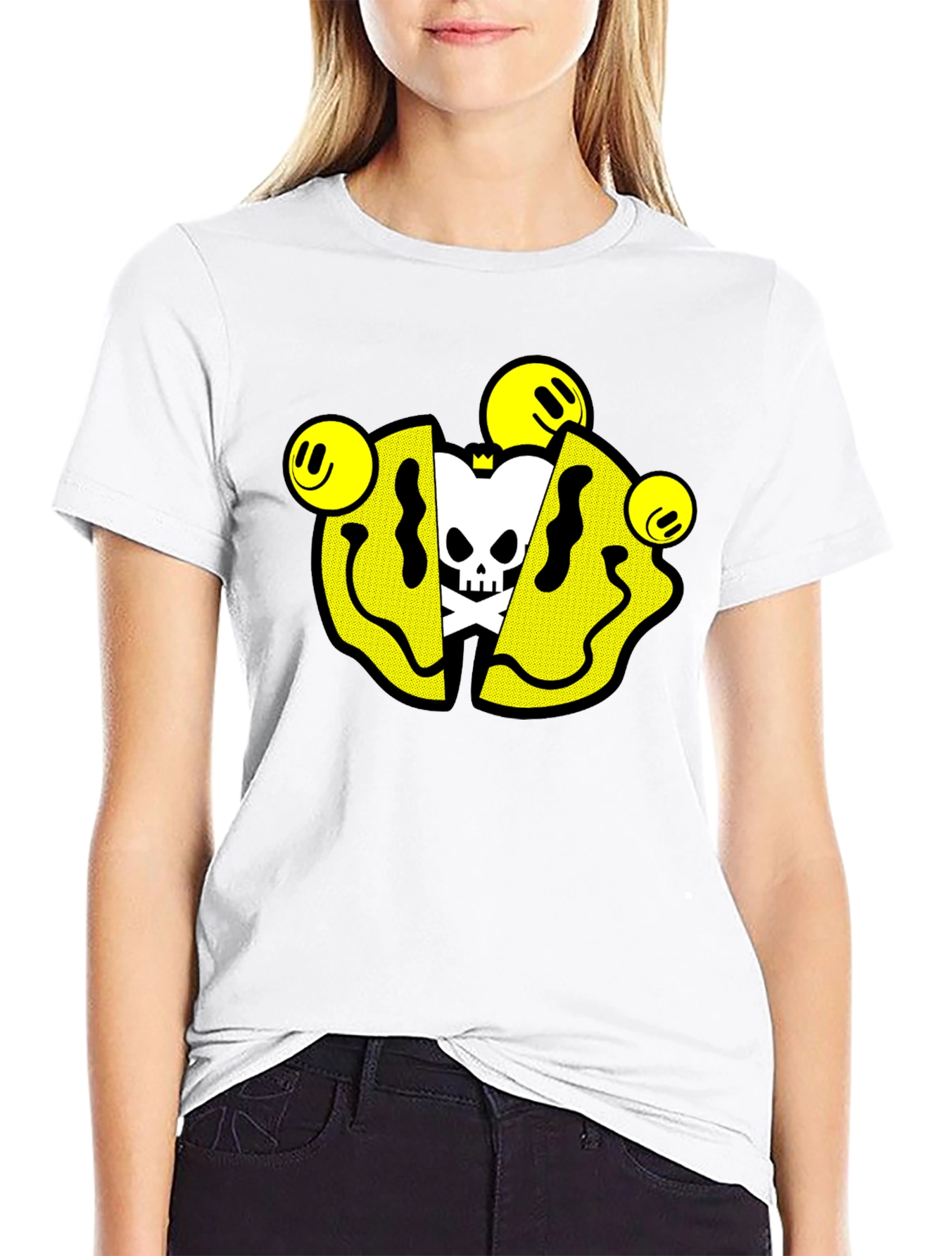 Smiley Skull Graphic Tee - Trendy Black T-Shirt
