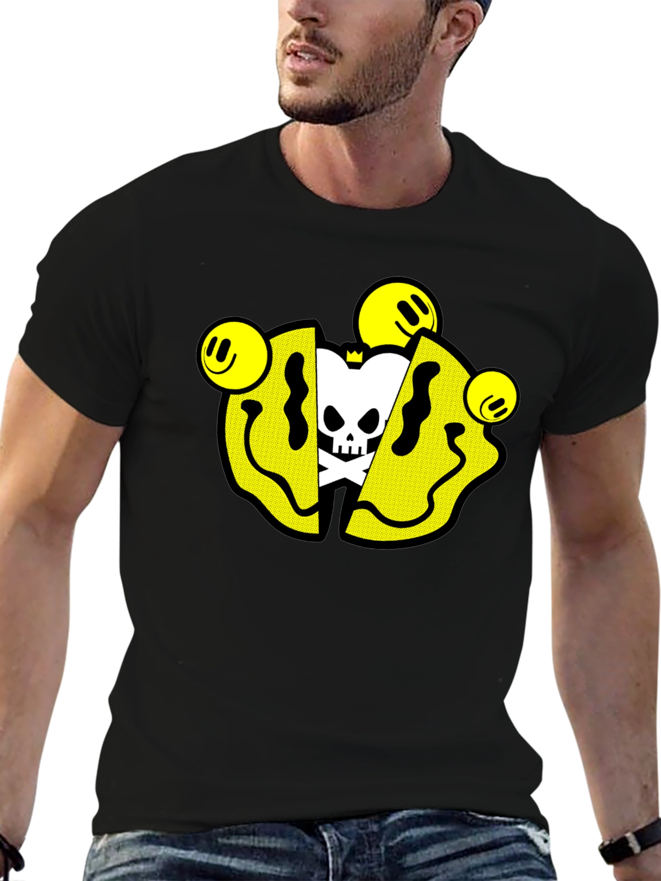 Smiley Skull Graphic Tee - Trendy Black T-Shirt