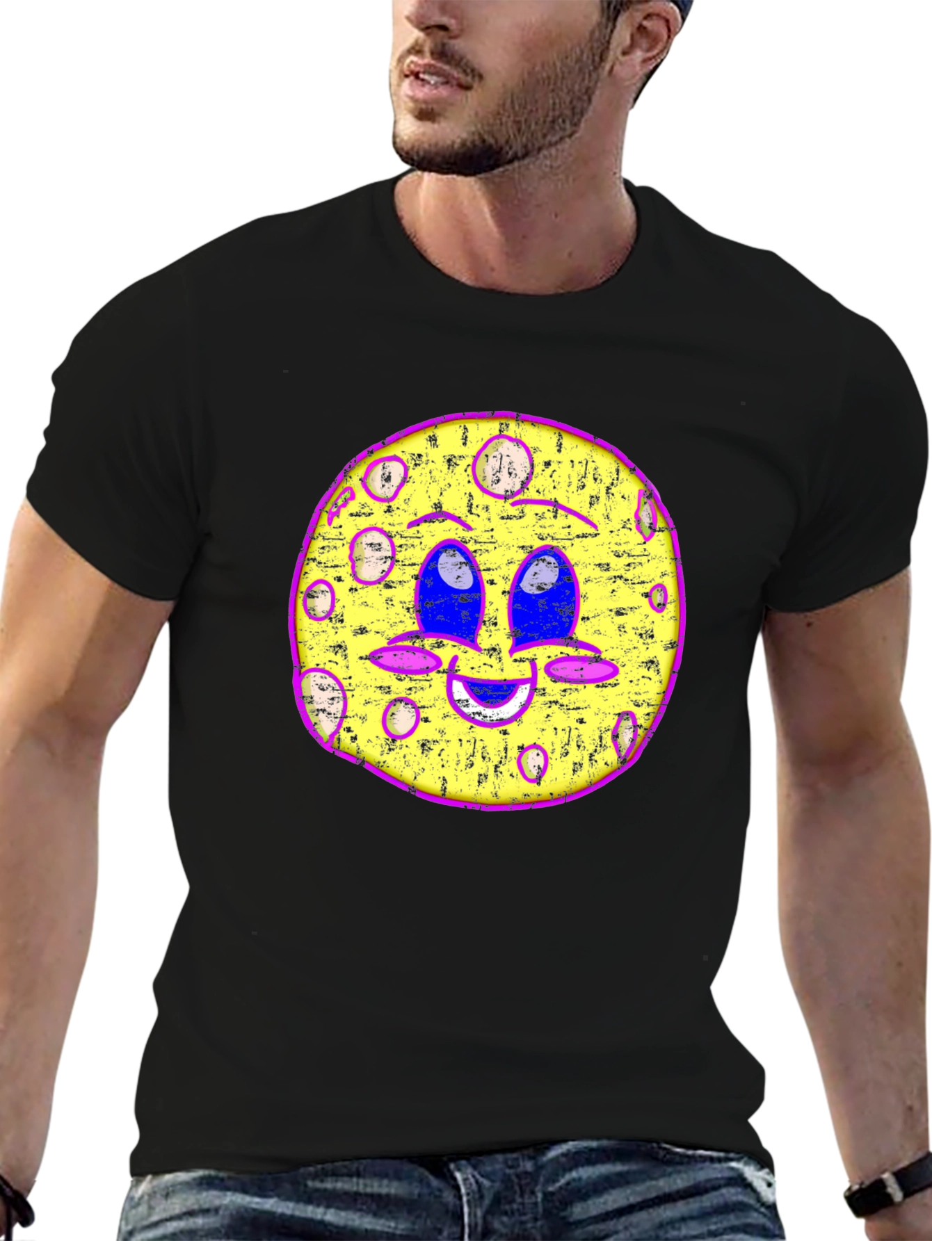 Funky Moon Face Graphic Tee - Black Cotton T-Shirt