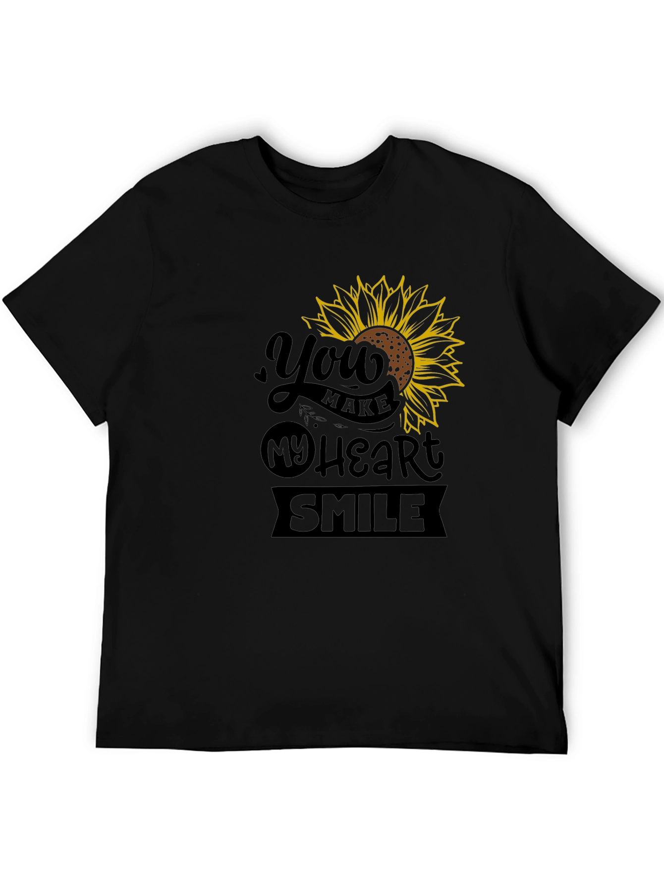 Sunflower Heart Smile Graphic Black T-Shirt