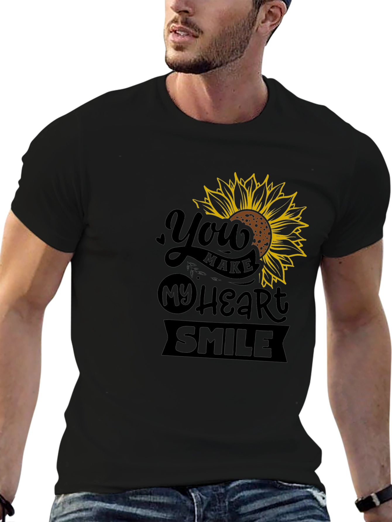 Sunflower Heart Smile Graphic Black T-Shirt