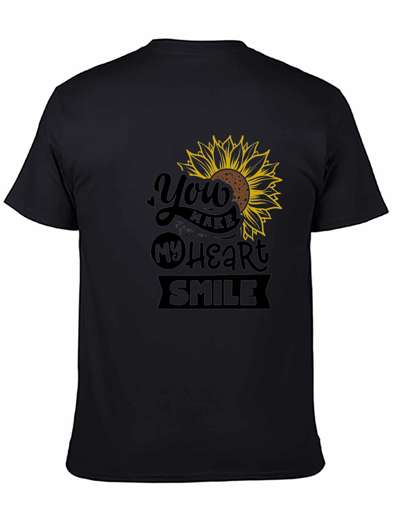 Sunflower Heart Smile Graphic Black T-Shirt