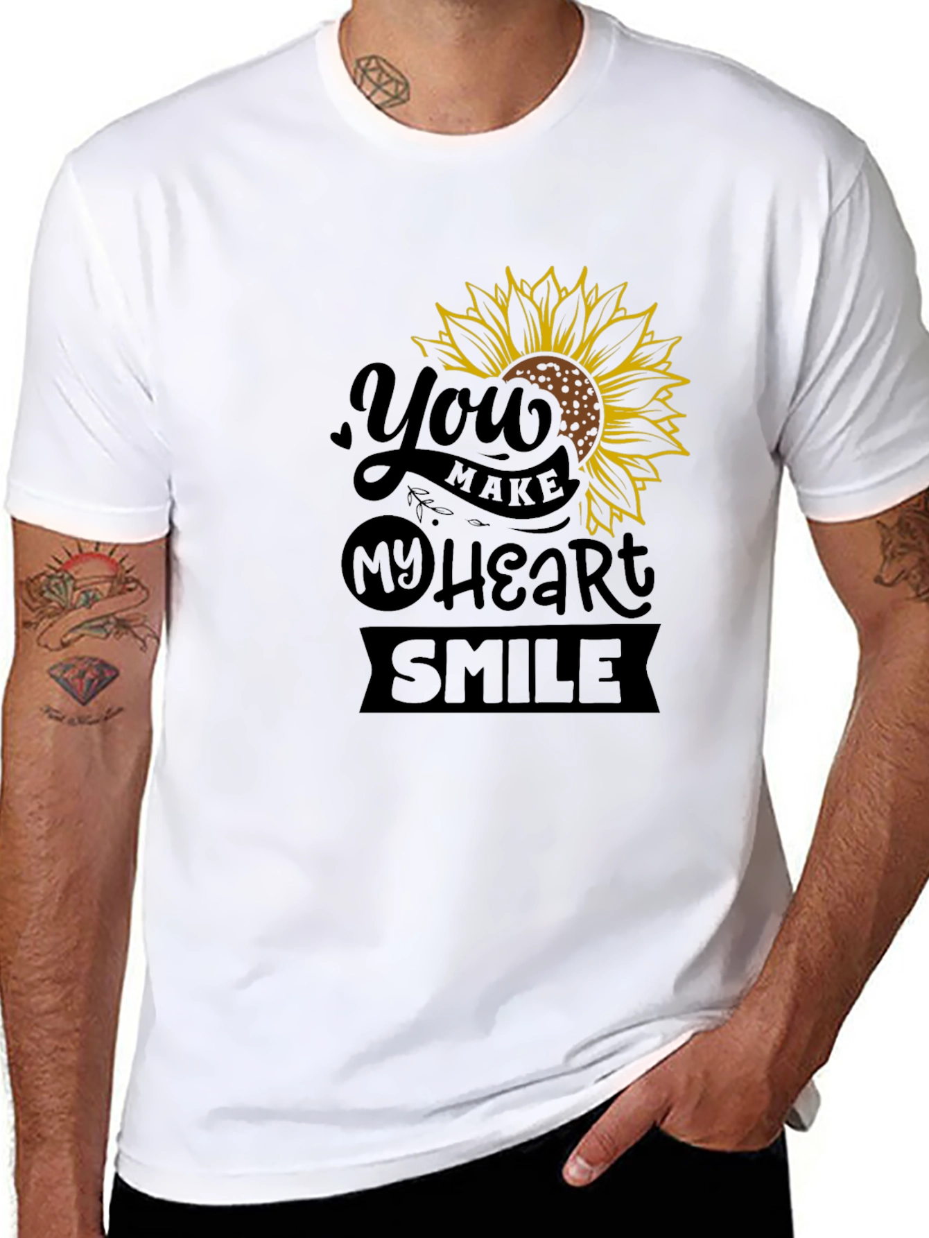Sunflower Heart Smile Graphic Black T-Shirt
