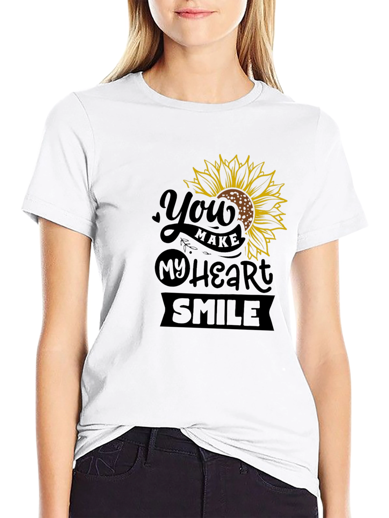 Sunflower Heart Smile Graphic Black T-Shirt