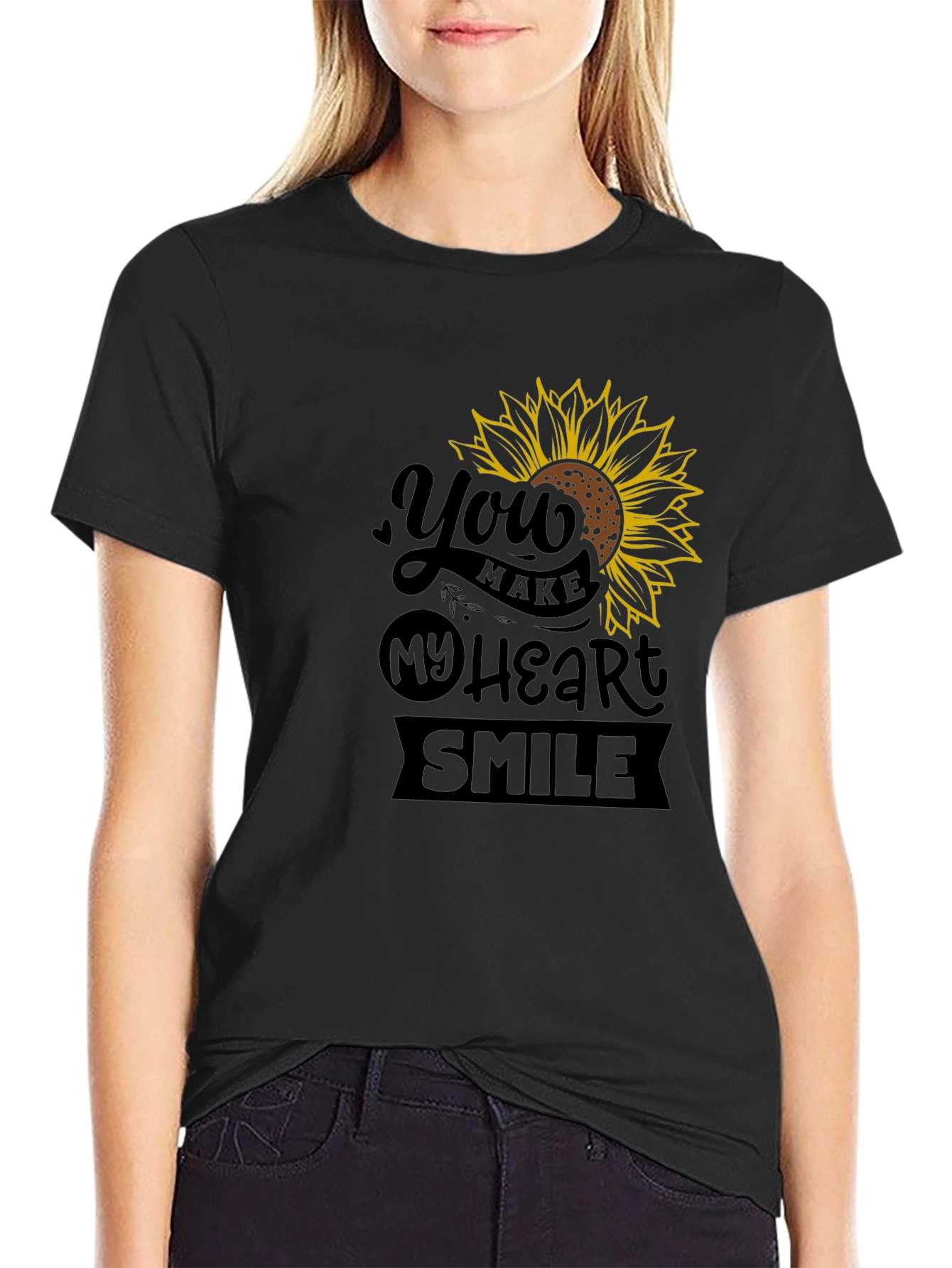 Sunflower Heart Smile Graphic Black T-Shirt