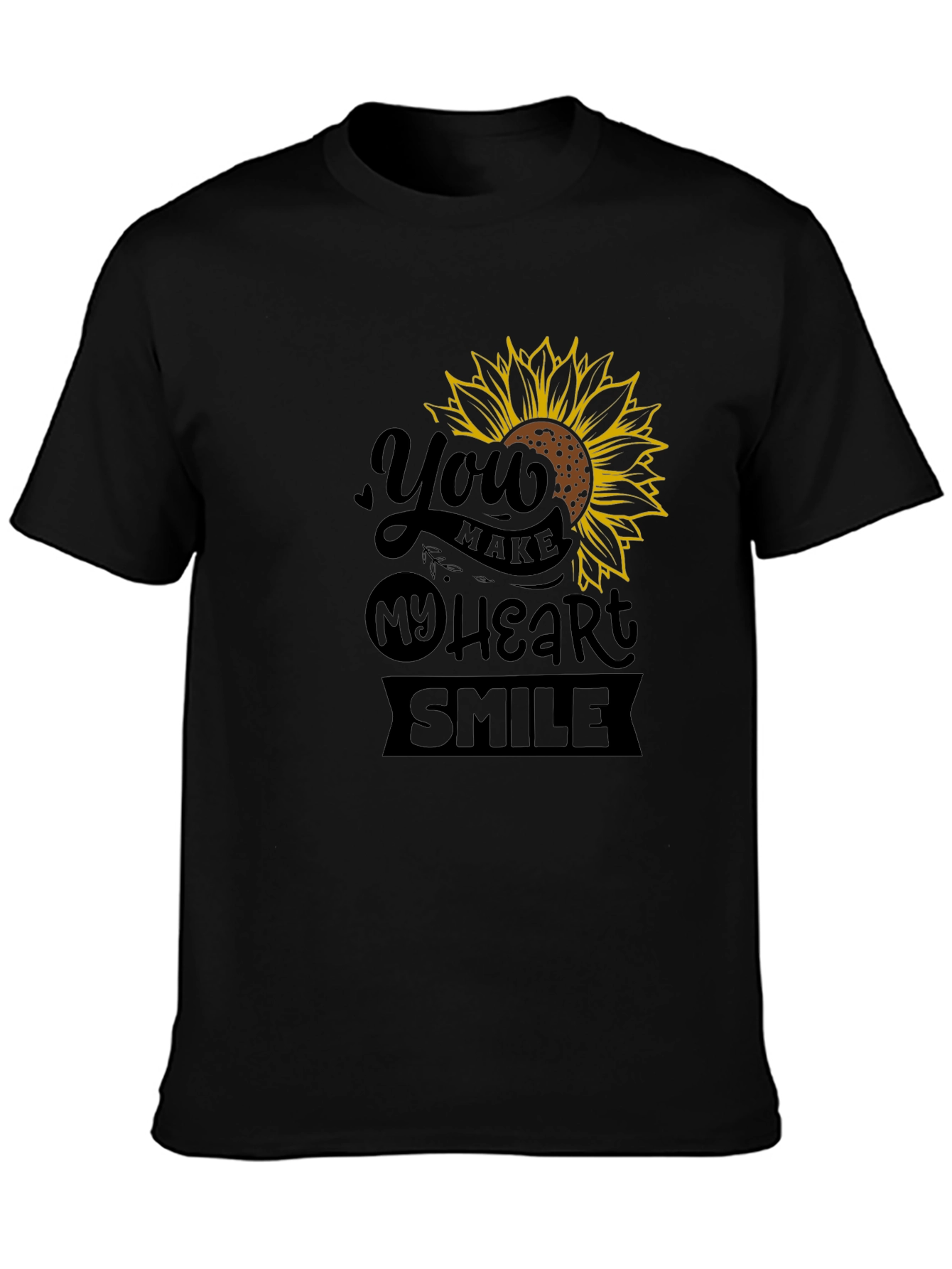 Sunflower Heart Smile Graphic Black T-Shirt