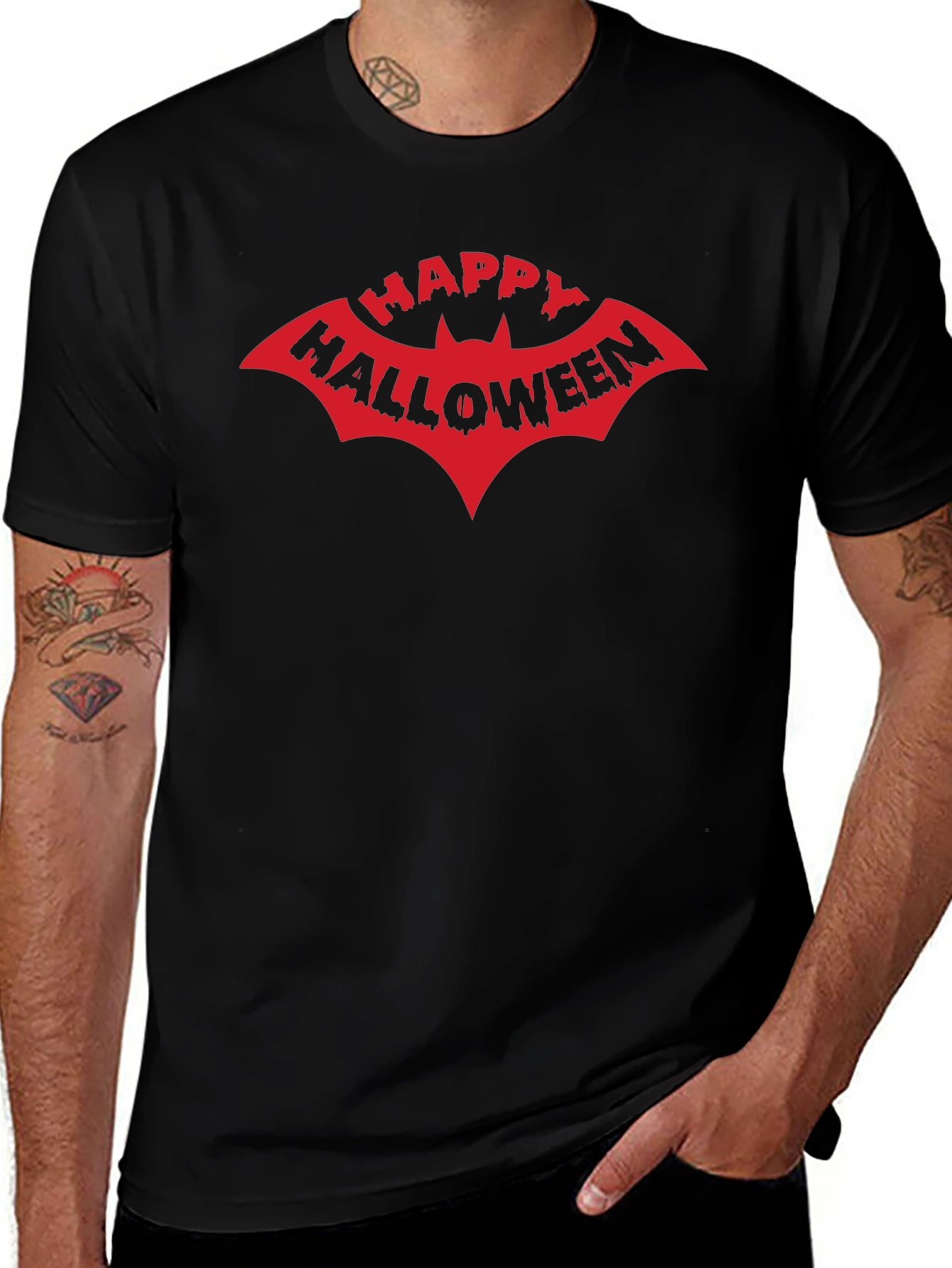 Happy Halloween Bat Graphic Tee - Black Cotton T-Shirt