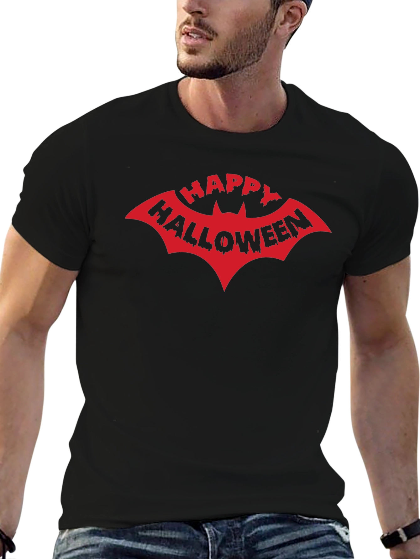 Happy Halloween Bat Graphic Tee - Black Cotton T-Shirt