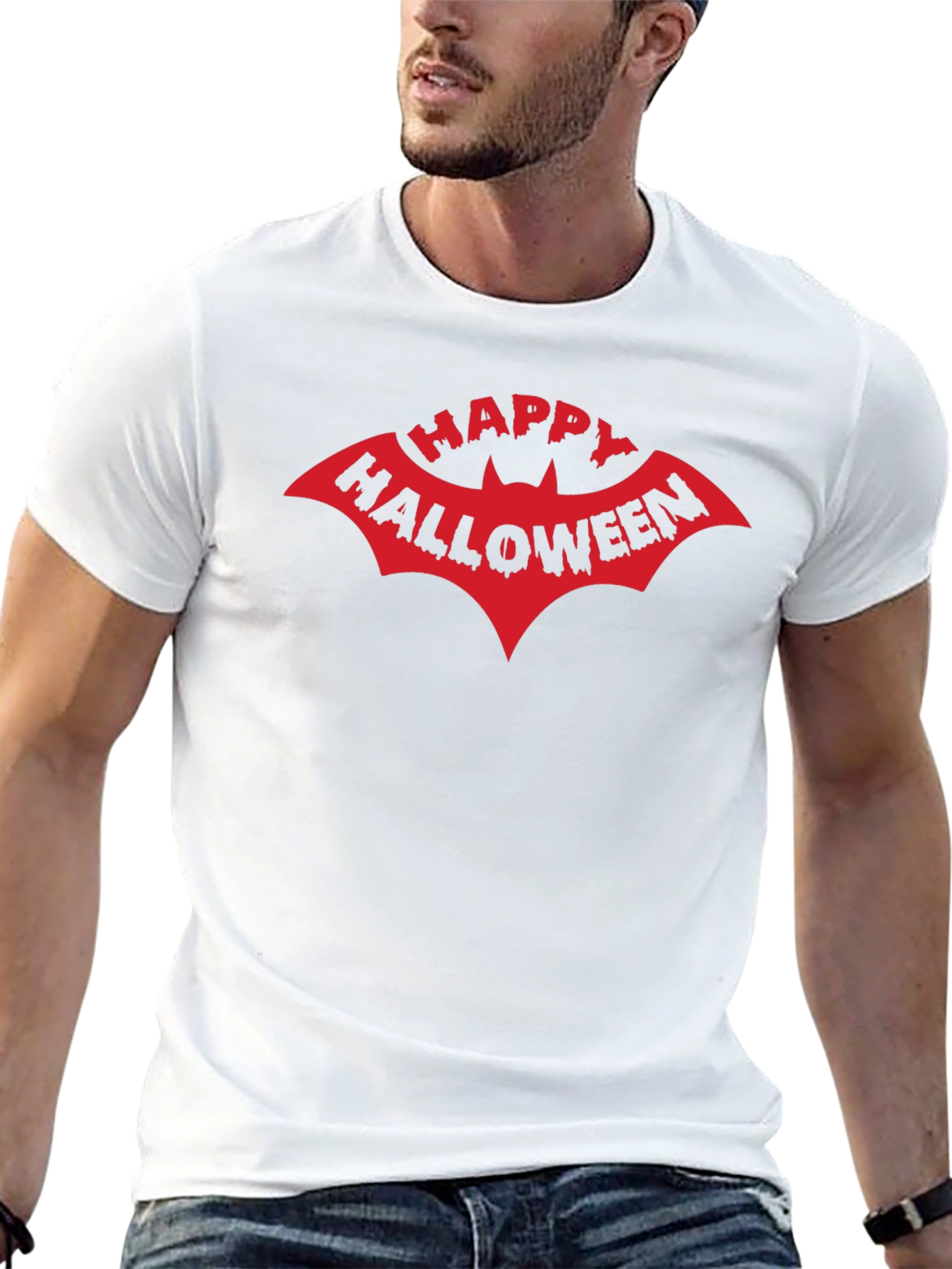 Happy Halloween Bat Graphic Tee - Black Cotton T-Shirt