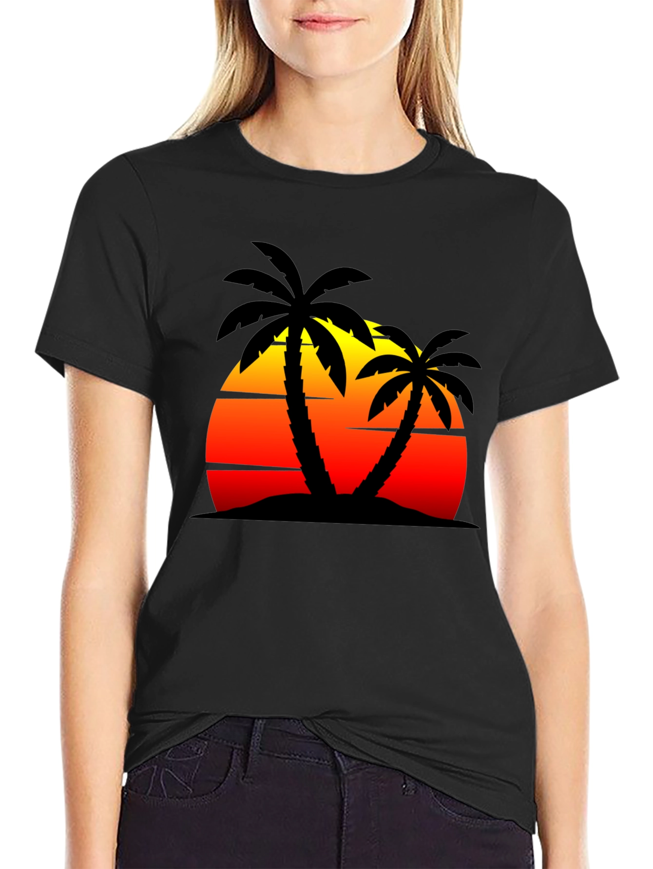 Sunset Palm Tree Graphic Black T-Shirt