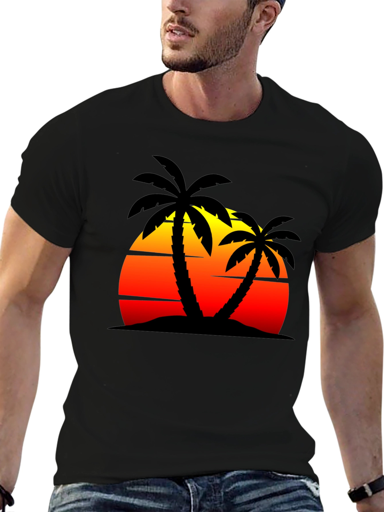 Sunset Palm Tree Graphic Black T-Shirt