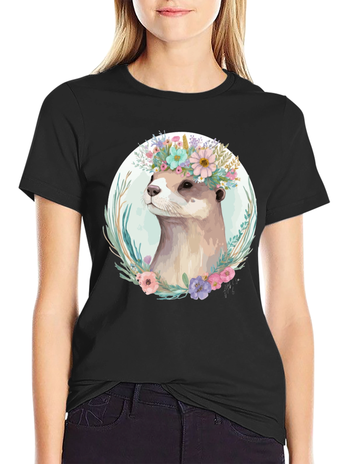 Otter Floral Crown T-Shirt - Stylish Animal Tee
