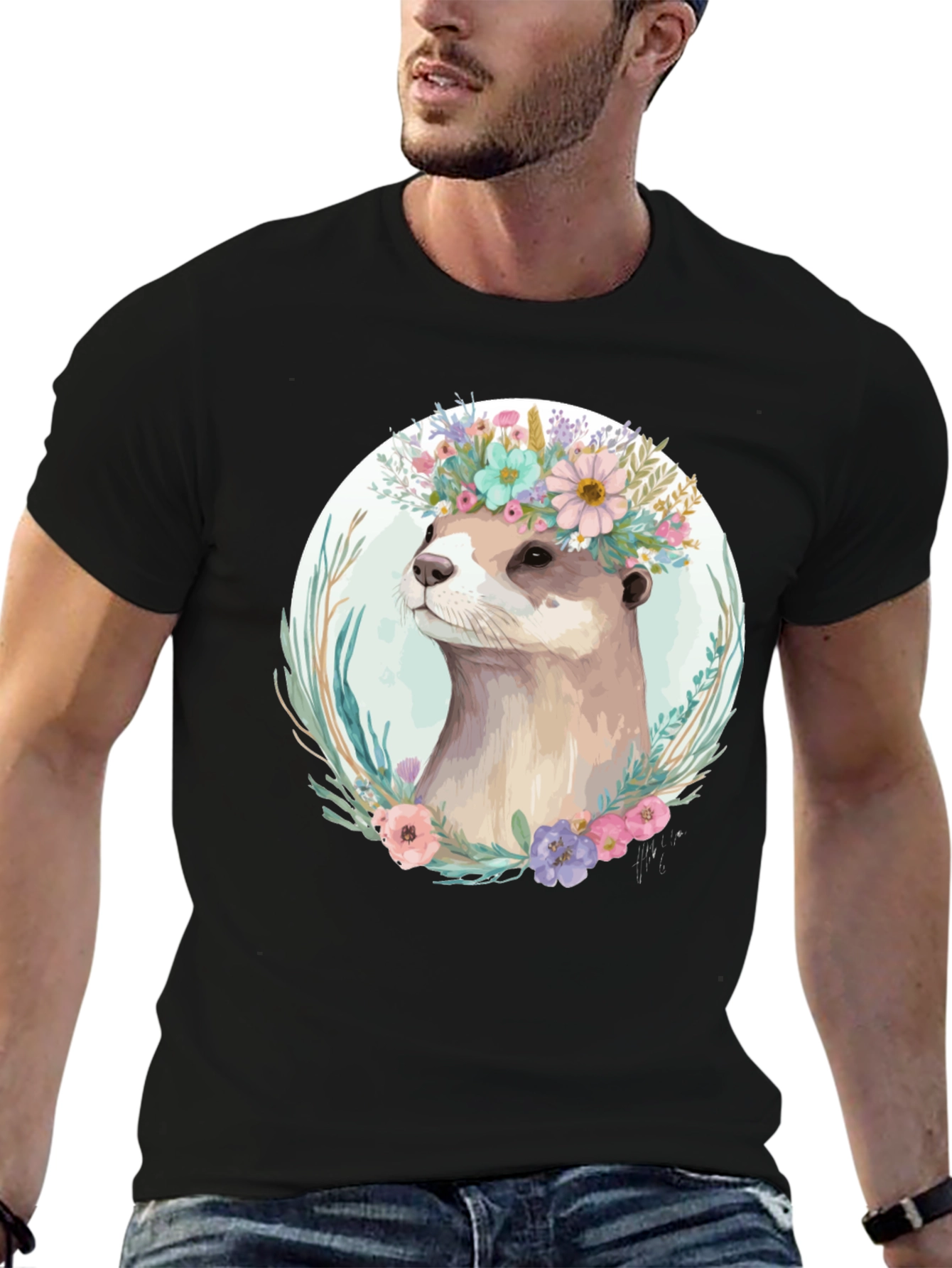 Otter Floral Crown T-Shirt - Stylish Animal Tee