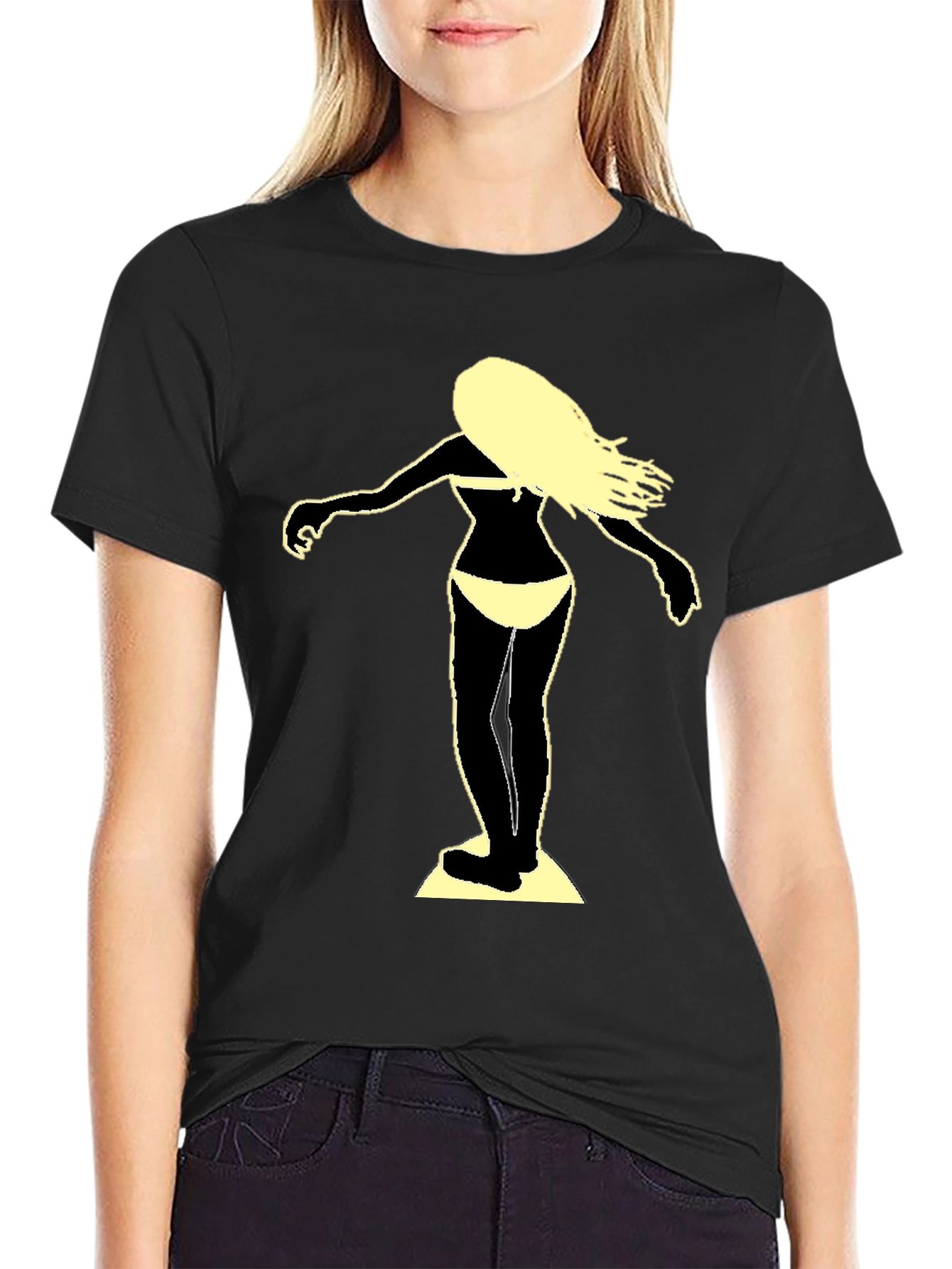Surfer Girl Graphic Tee - Black Cotton T-Shirt