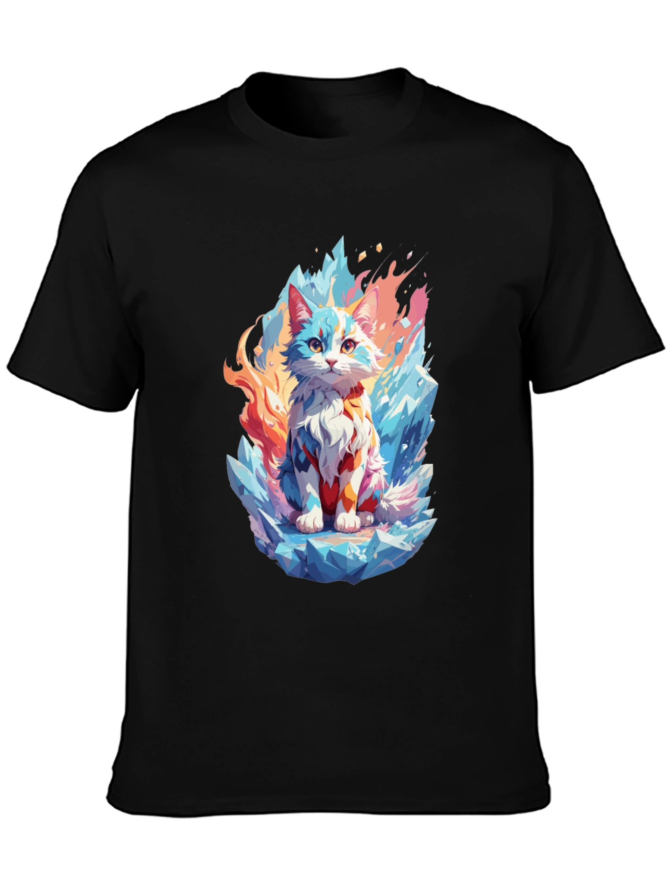 Ice & Fire Cat Graphic Black T-Shirt