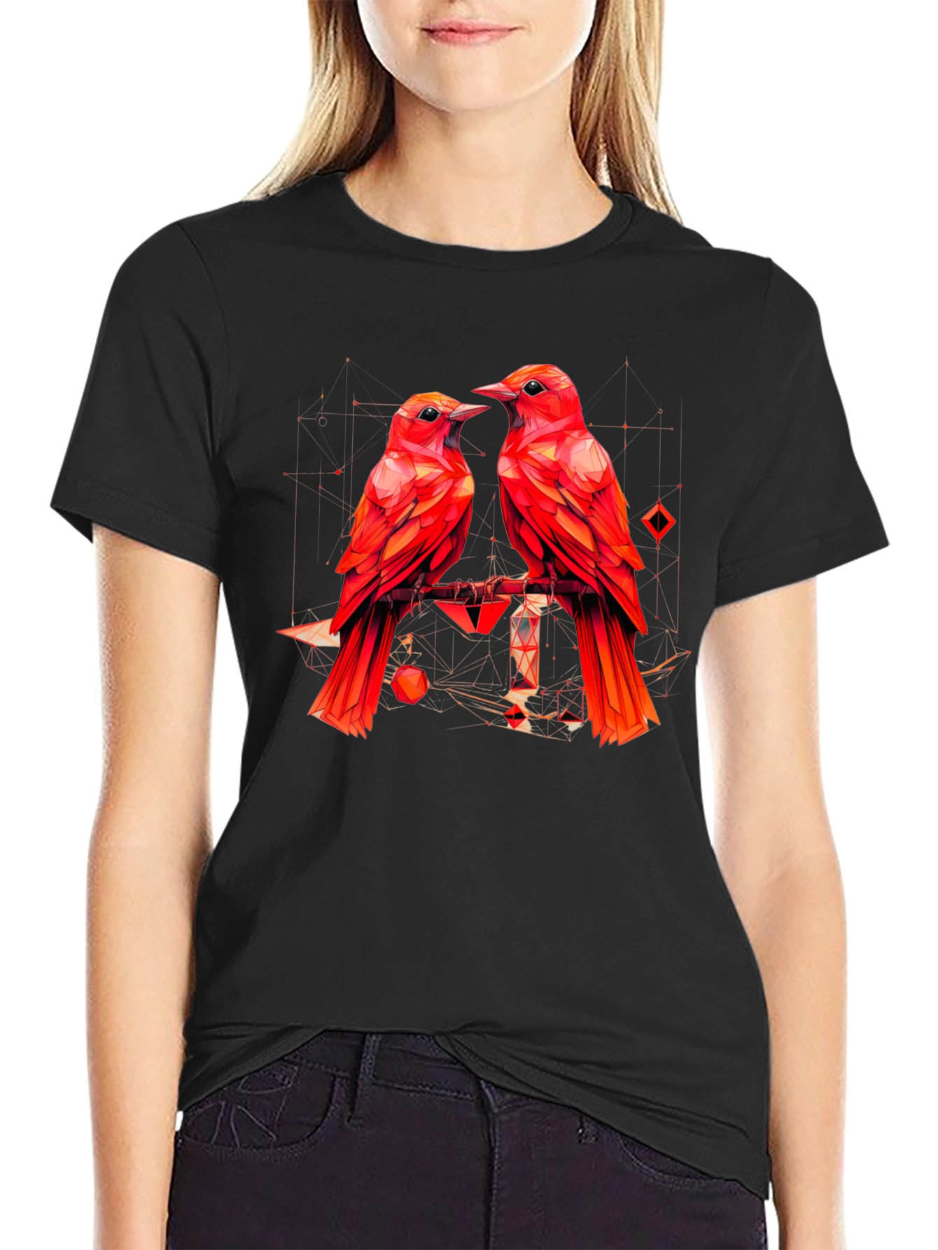 Geometric Bird Print Black T-Shirt