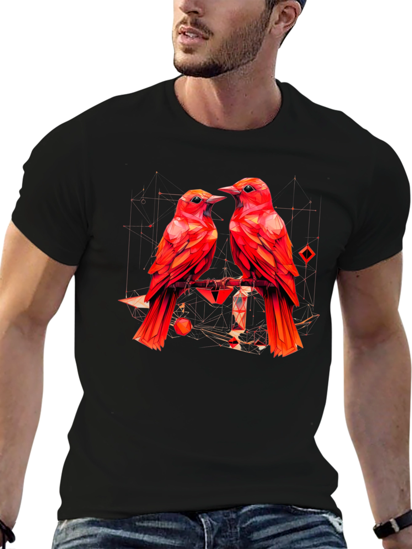 Geometric Bird Print Black T-Shirt