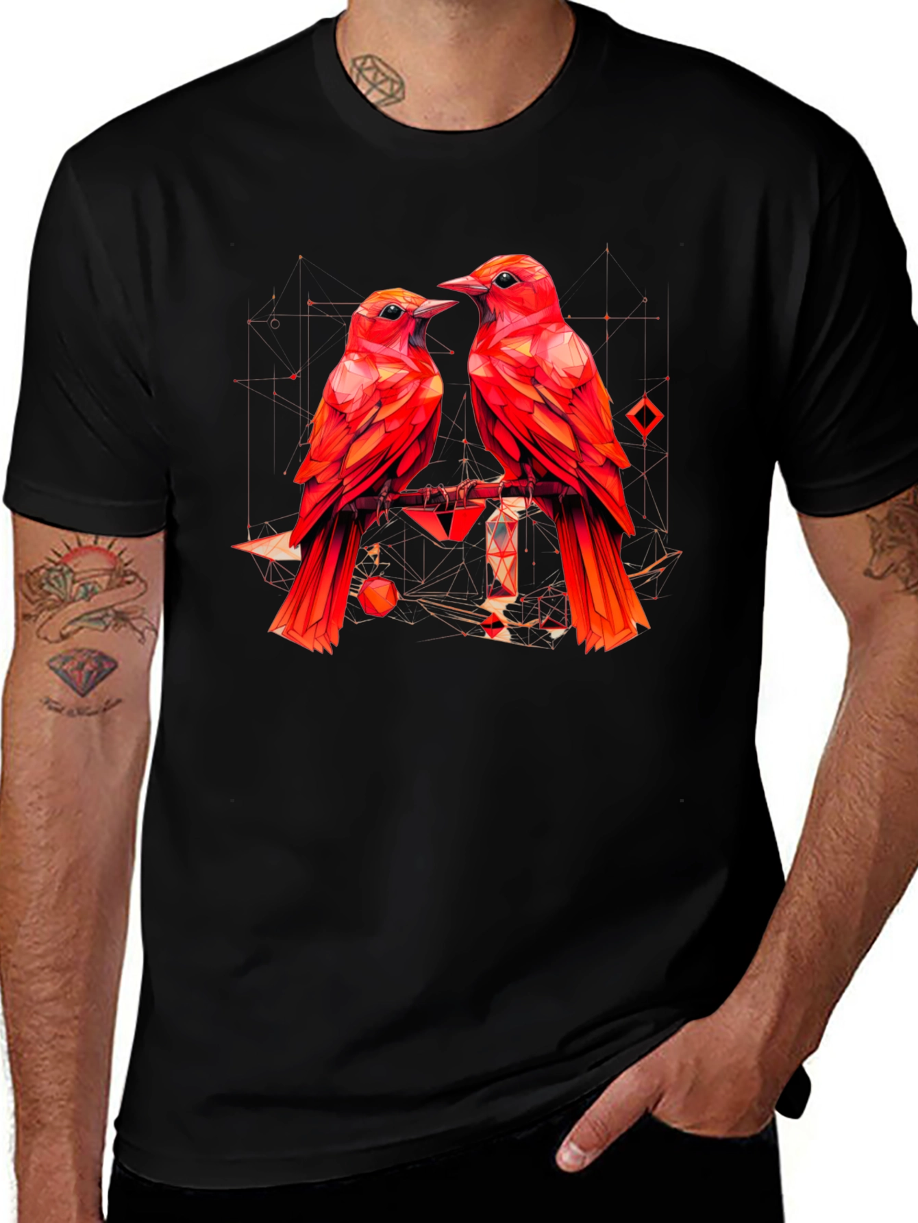 Geometric Bird Print Black T-Shirt