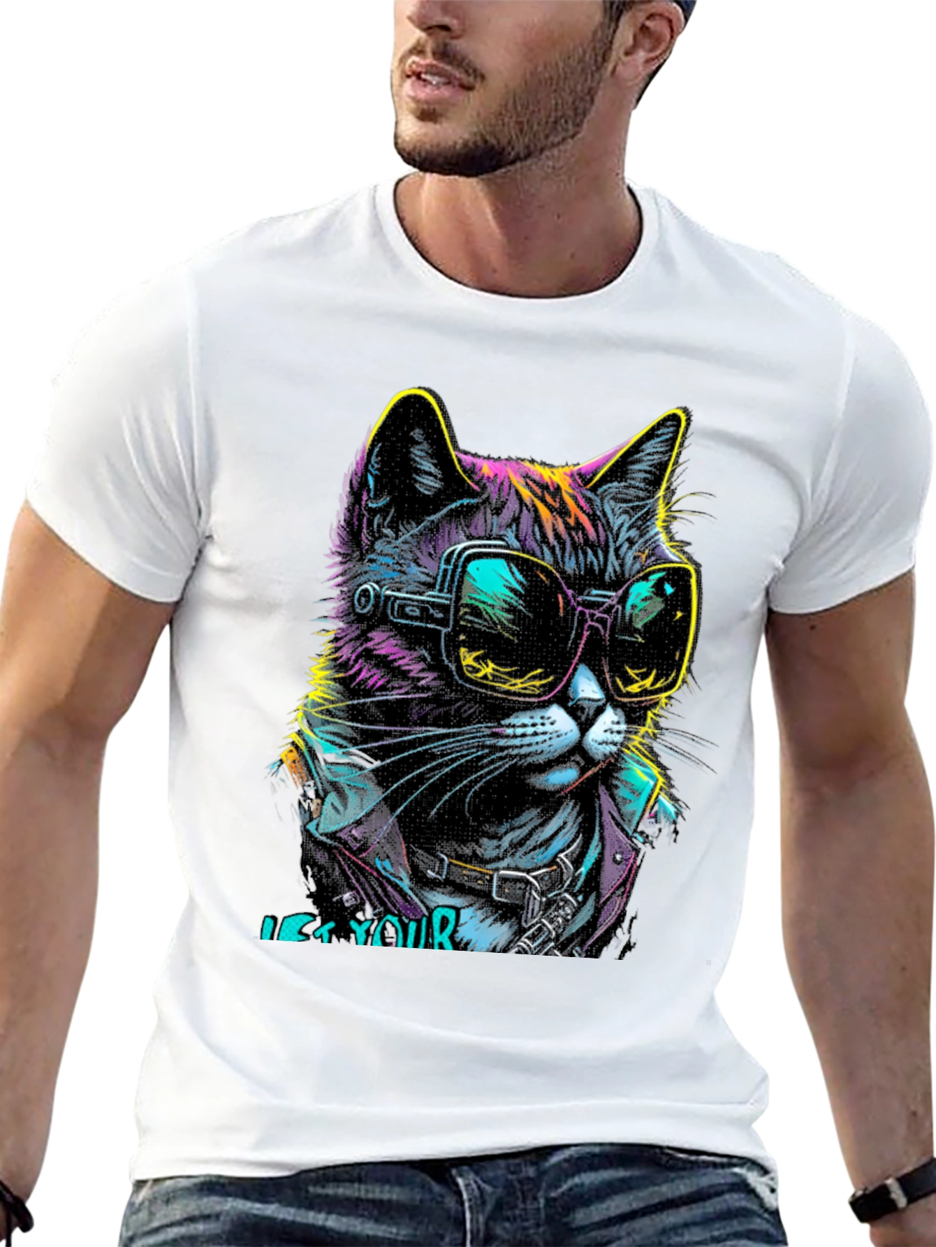 Cool Cat Graphic T-Shirt - Unique Neon Design