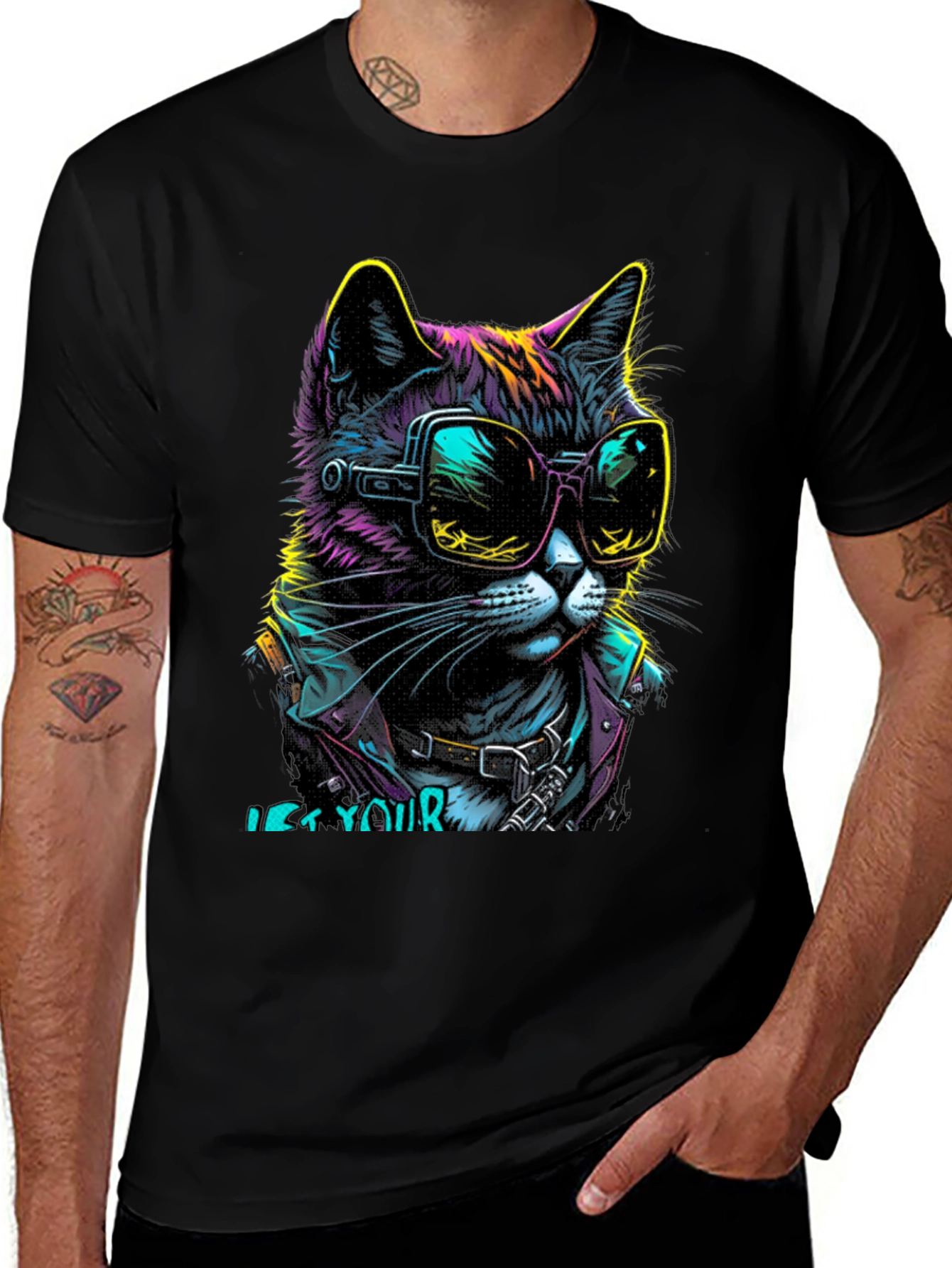 Cool Cat Graphic T-Shirt - Unique Neon Design