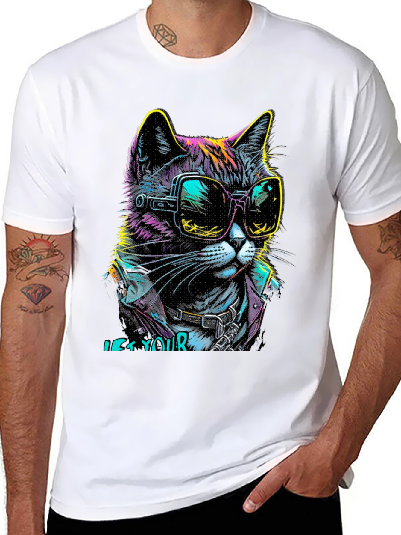 Cool Cat Graphic T-Shirt - Unique Neon Design