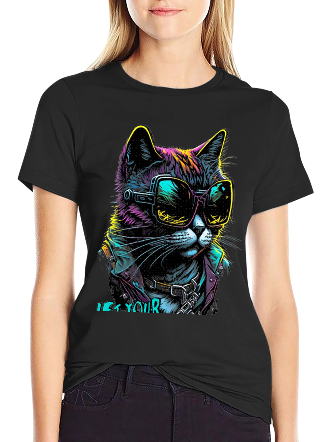Cool Cat Graphic T-Shirt - Unique Neon Design