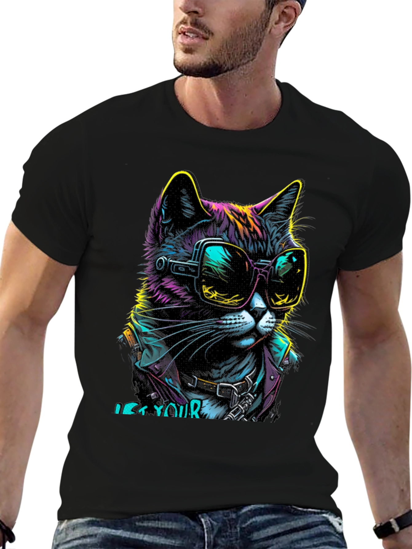 Cool Cat Graphic T-Shirt - Unique Neon Design
