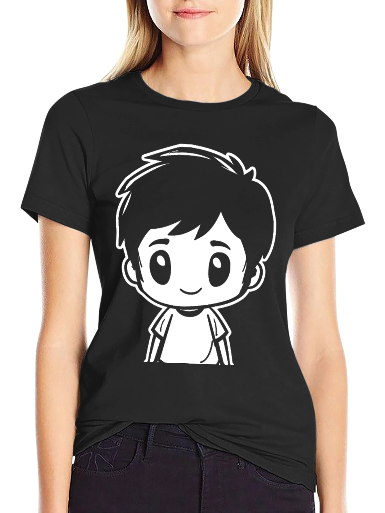 Cartoon Boy Graphic Tee - Black Unisex T-Shirt