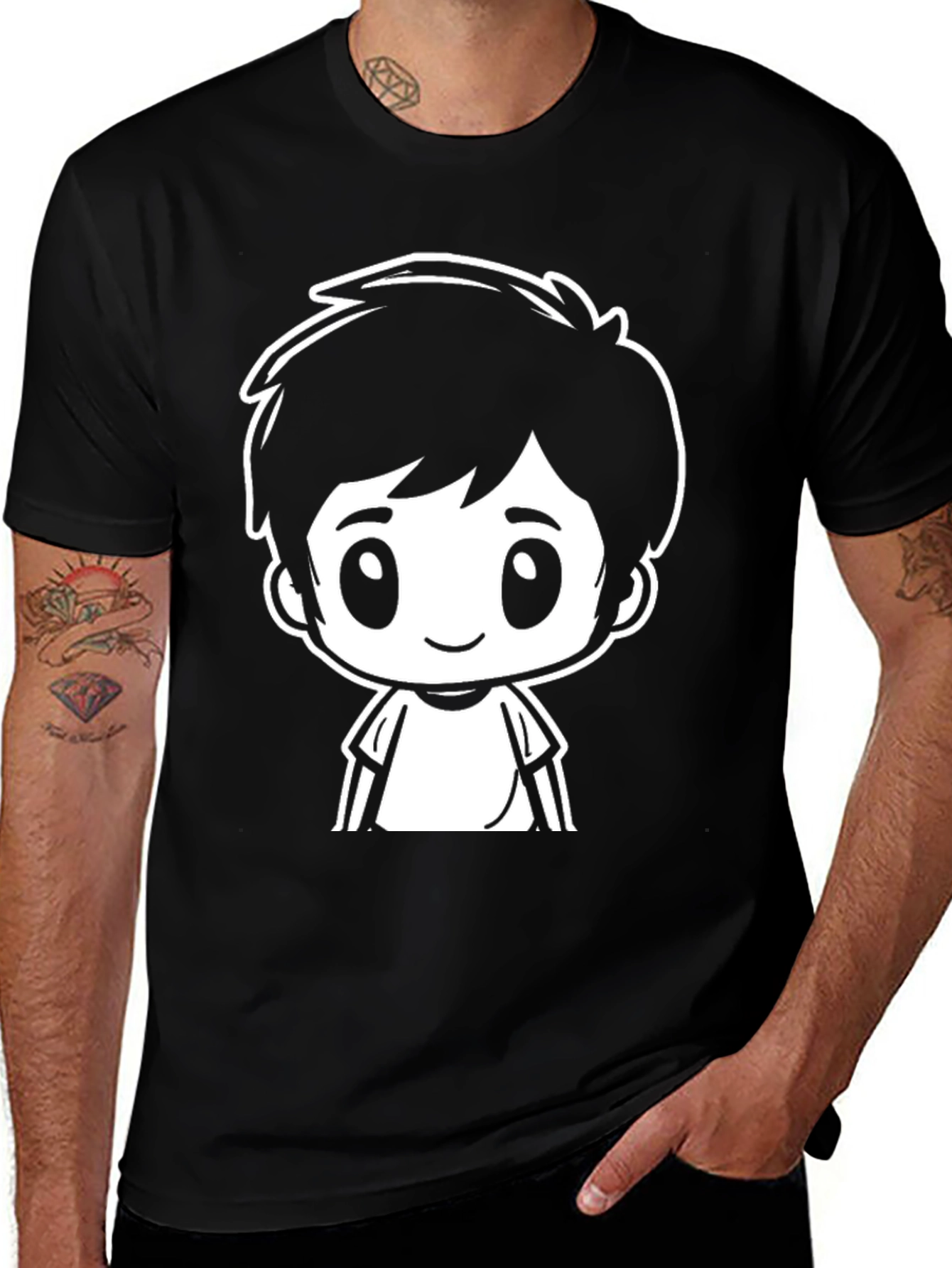 Cartoon Boy Graphic Tee - Black Unisex T-Shirt