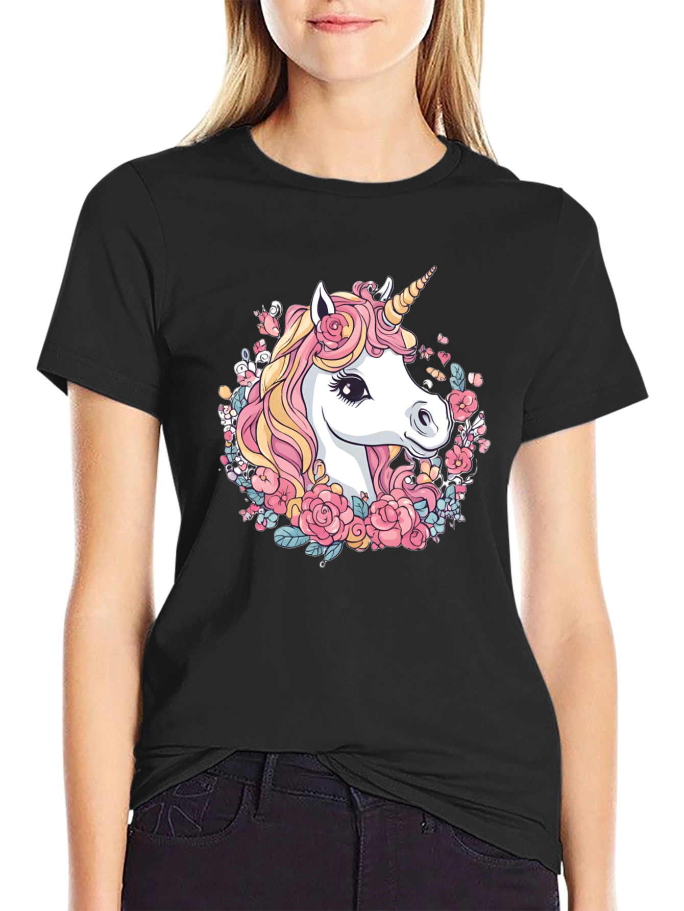 Unicorn Floral Black Tee