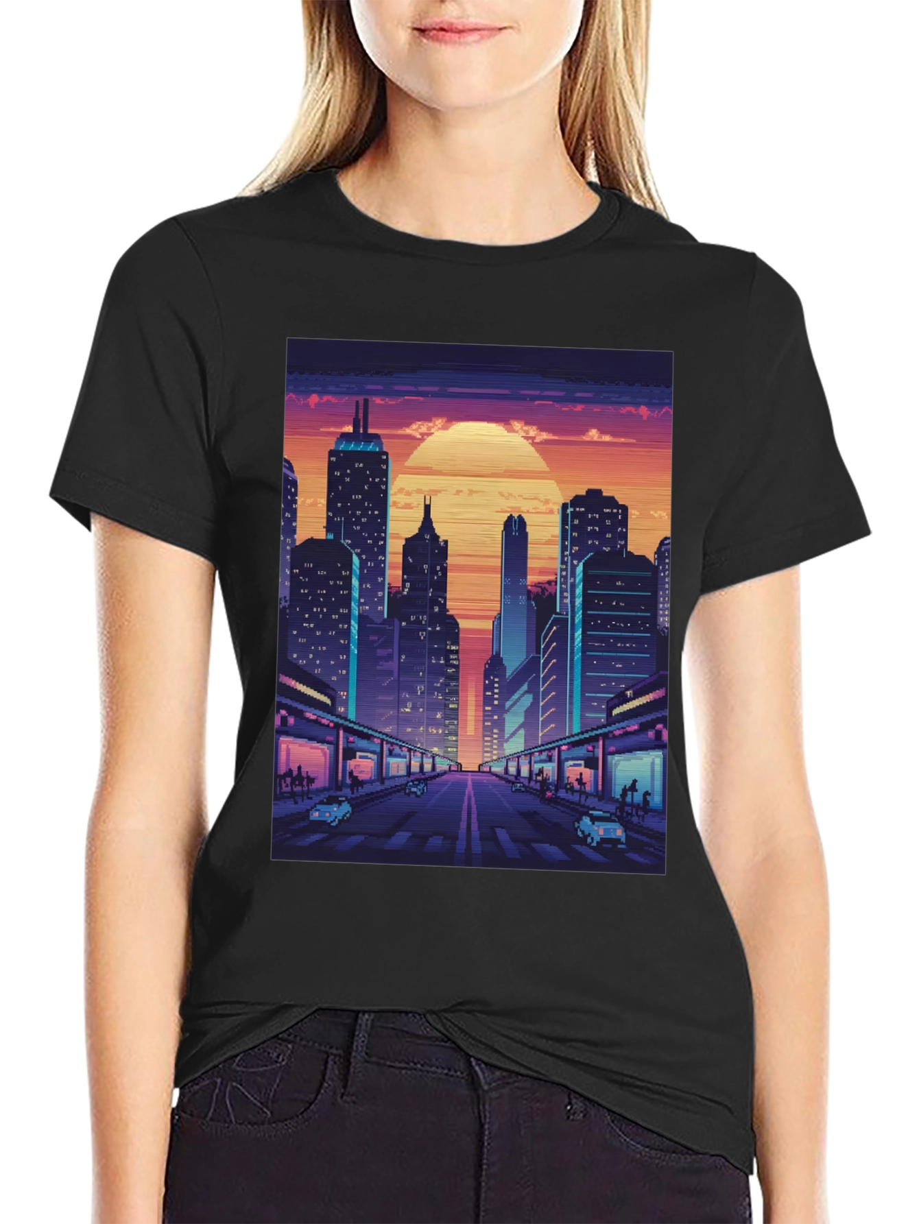 Retro Cityscape Pixel Art T-Shirt