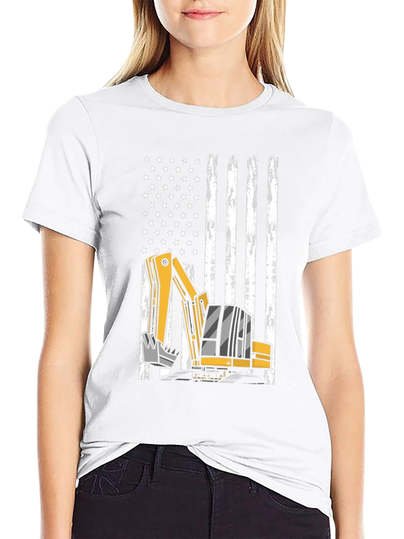 Excavator American Flag T-Shirt - Patriotic Construction Tee