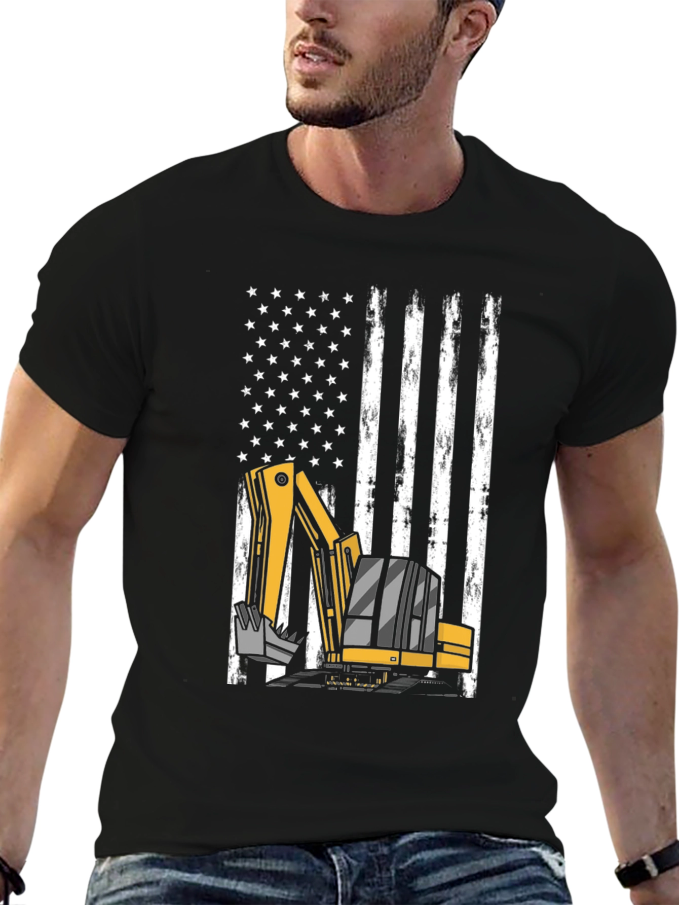 Excavator American Flag T-Shirt - Patriotic Construction Tee